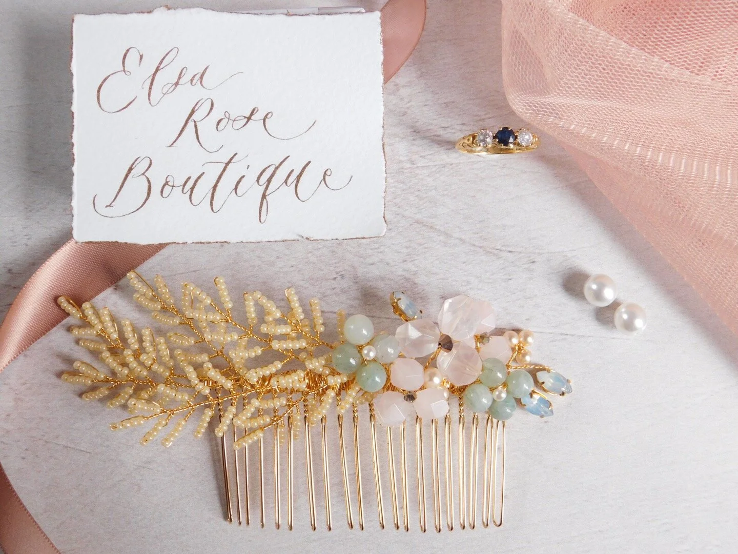 Delicate beaded bridal hair comb with gemstones