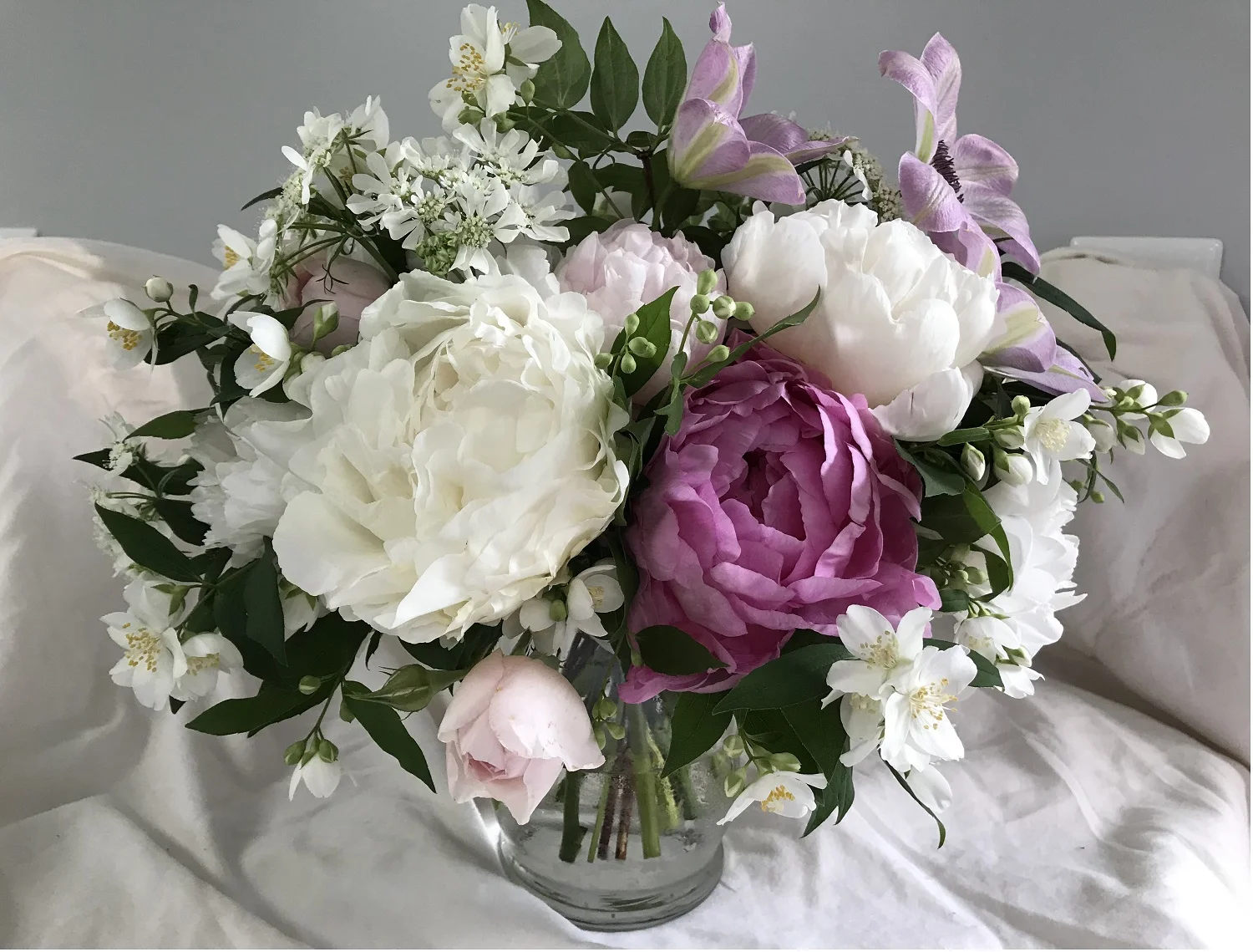 Connor’s bouquet—peony, rose, clematis, orlaya, mock orange