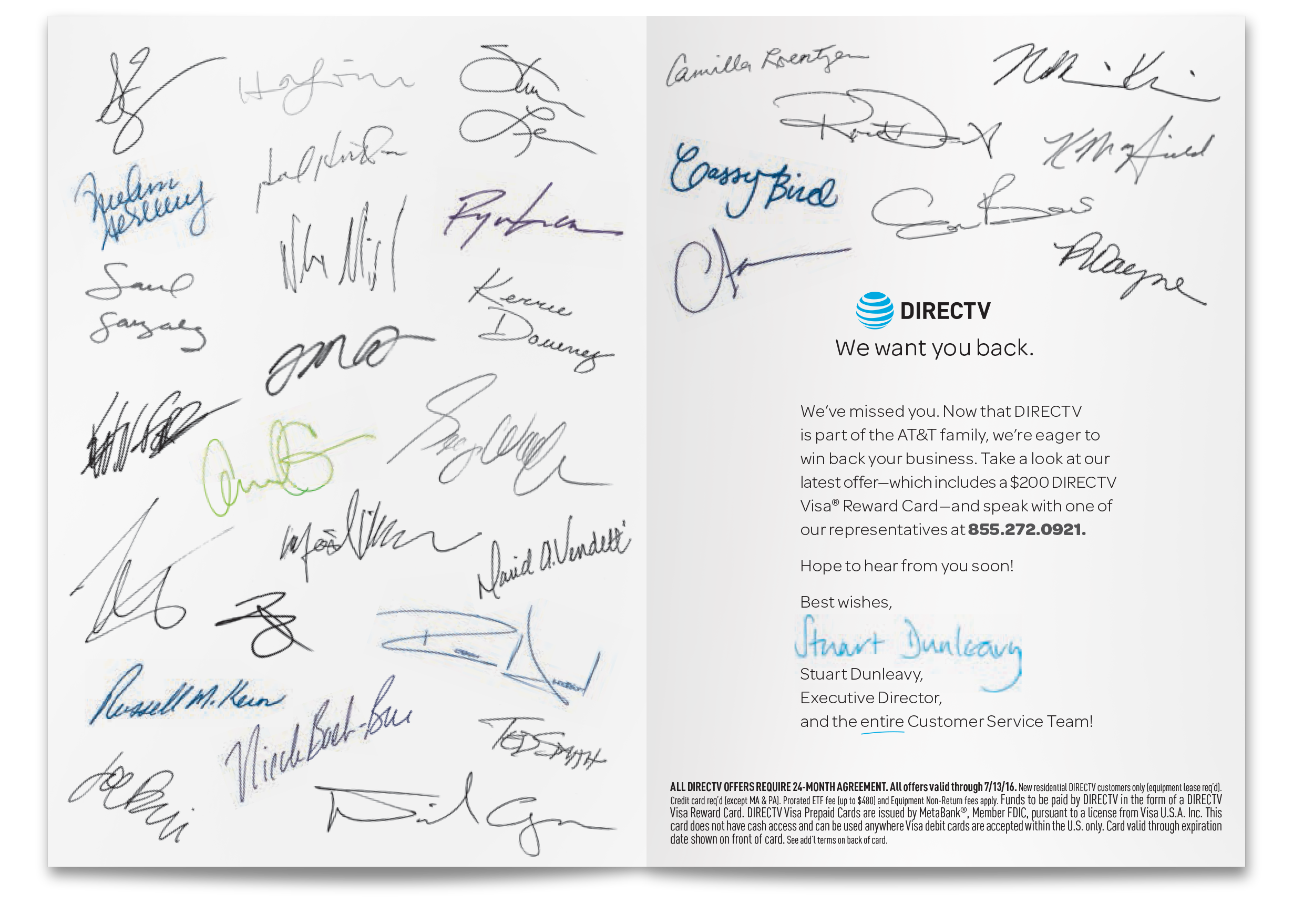  Inside, there was one simple message: “We want you back.” To make things more fun, we filled the card with dozens of “real” signatures, just like you might get from a group of friends or co-workers. 