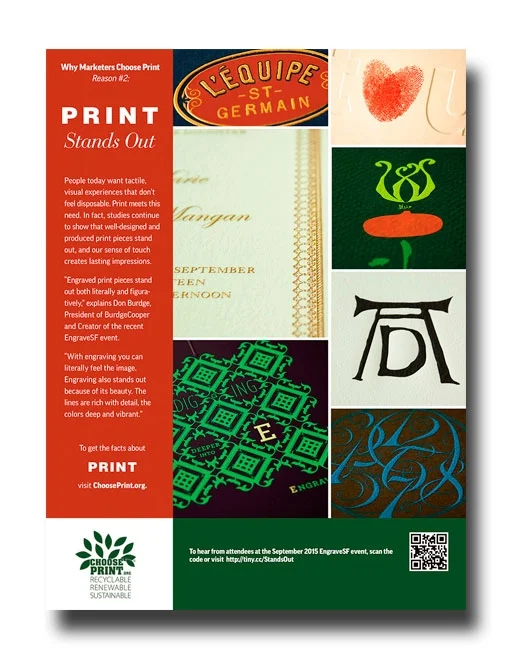 Print Magazine Ad The image in this ad is a compilation of seven different images. Each image is of an engraved printed piece. It took creative lighting in order to bring out the raised text and graphics printed on each piece.