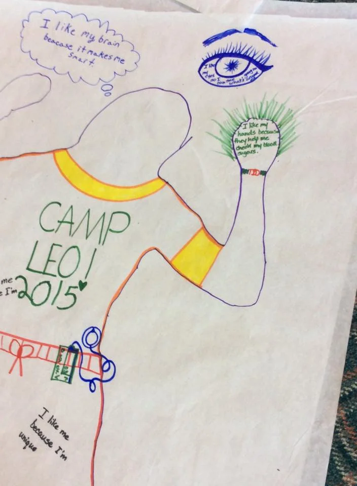 "Self Esteem Selfie" activity. This camper writes "I like my hands because they help me check my blood sugars"