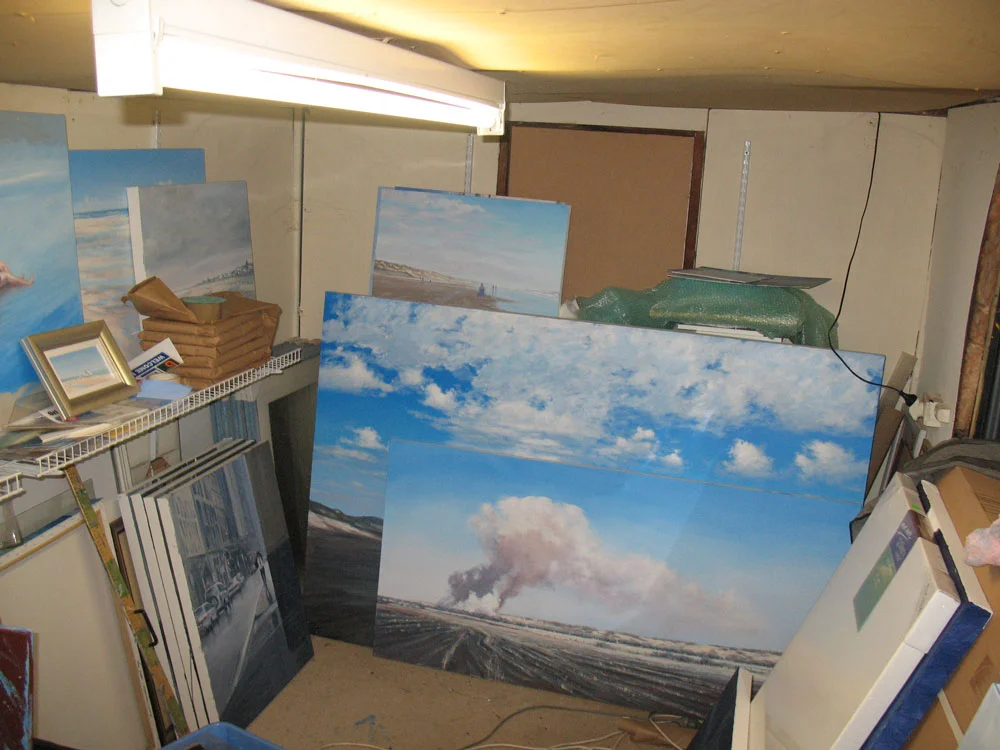 Caption: Ten years ago I painted in the shed at the back of the garden for a while. There was barely enough room for storage but the little space between easel, artist and palette was all that counted.