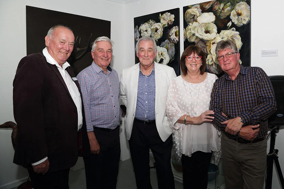 OPEN: Mayors Graham Philp and Keith Parkes with Brenton Whittle, who opened the exhibition and Artworx owners Liz and John Francis. Photo: David Woolaway.