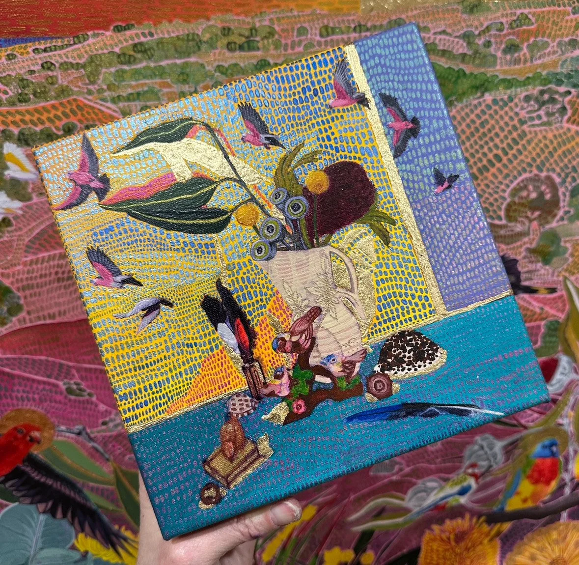 Galah In Flight Over A Nostalgic Still-life - 23cm x 23cm - $600
