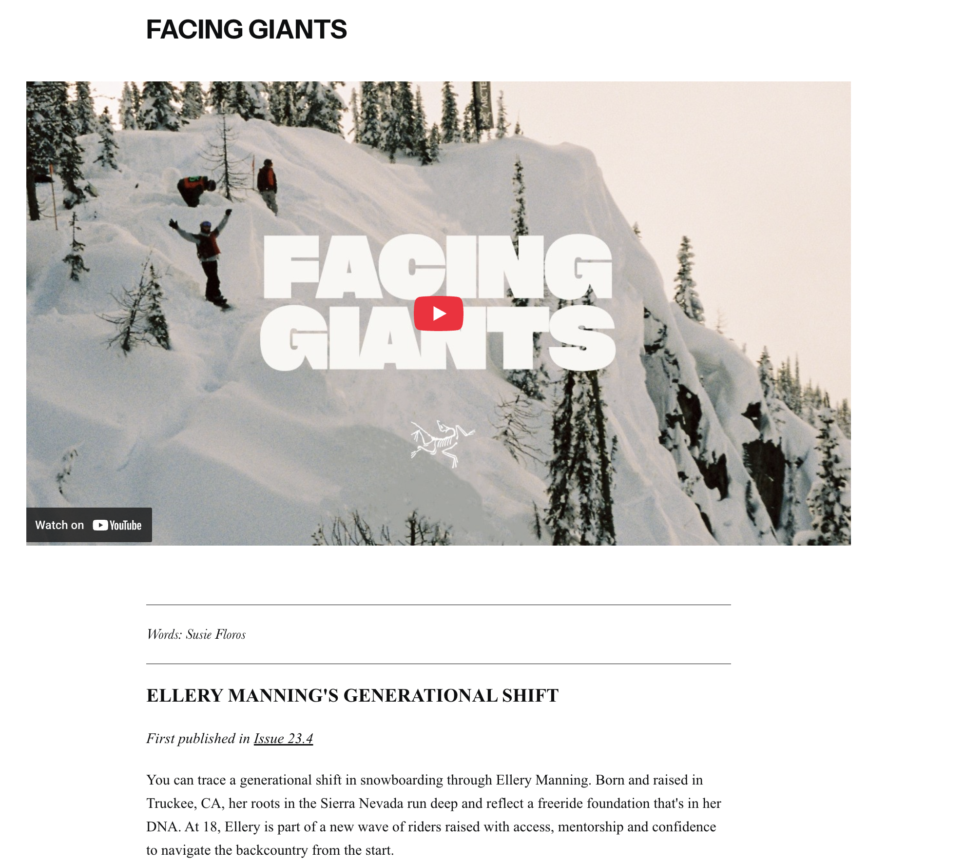 Ellery Manning's Generational Shift

 
 
First published in The Snowboarder's Journal #23.4  
You can trace a generational shift in snowboarding through Ellery Manning. Born and raised in Truckee, CA, her roots in the Sierra Nevada run deep and refle