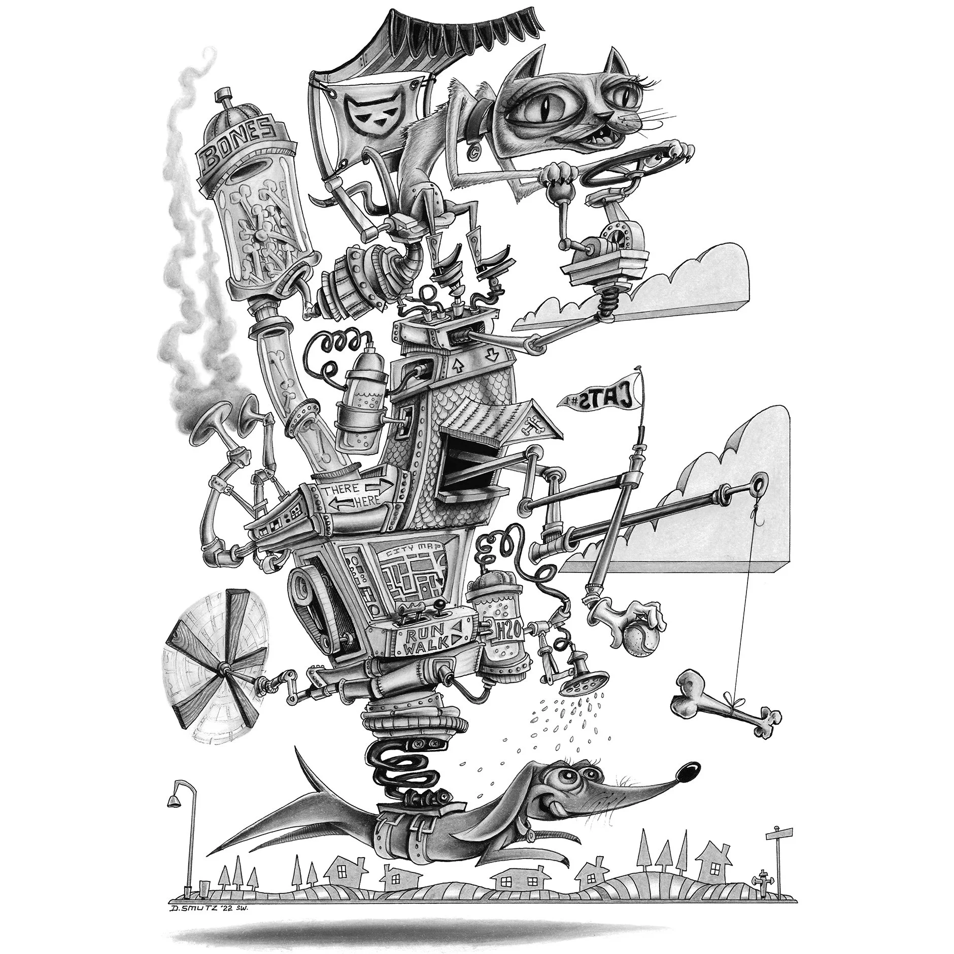 Donny Smutz, art, drawing, illustration, cats, dogs