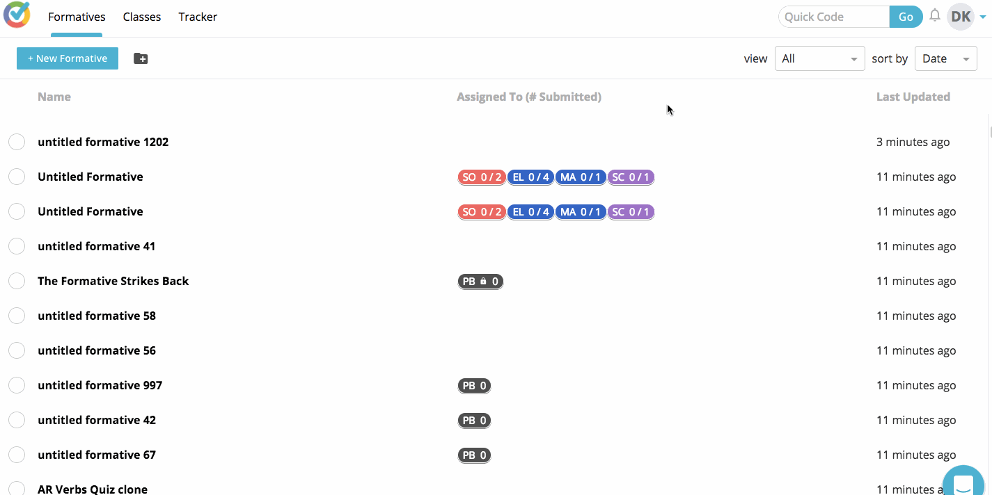 Say goodbye to clicking into each of your formatives to see who your formatives are assigned to! Now you can get a bird's eye view of all the action! Each badge shows represents a class you've assigned a formative to and if a badge has a "lock" icon next to it, it means you've closed it and students in that class can no longer respond!