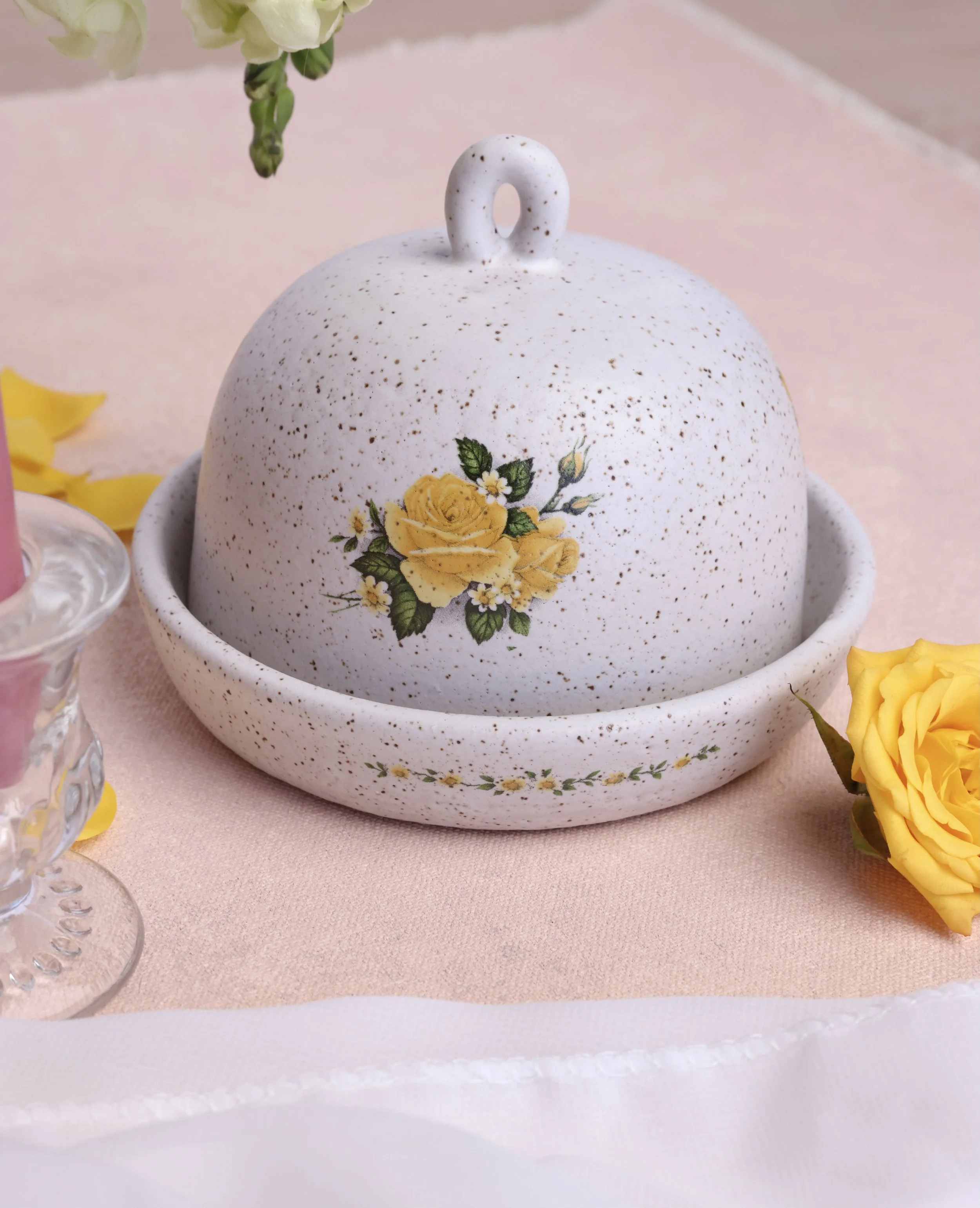 Yellow Rose Vintage Style Floral Butter Dish