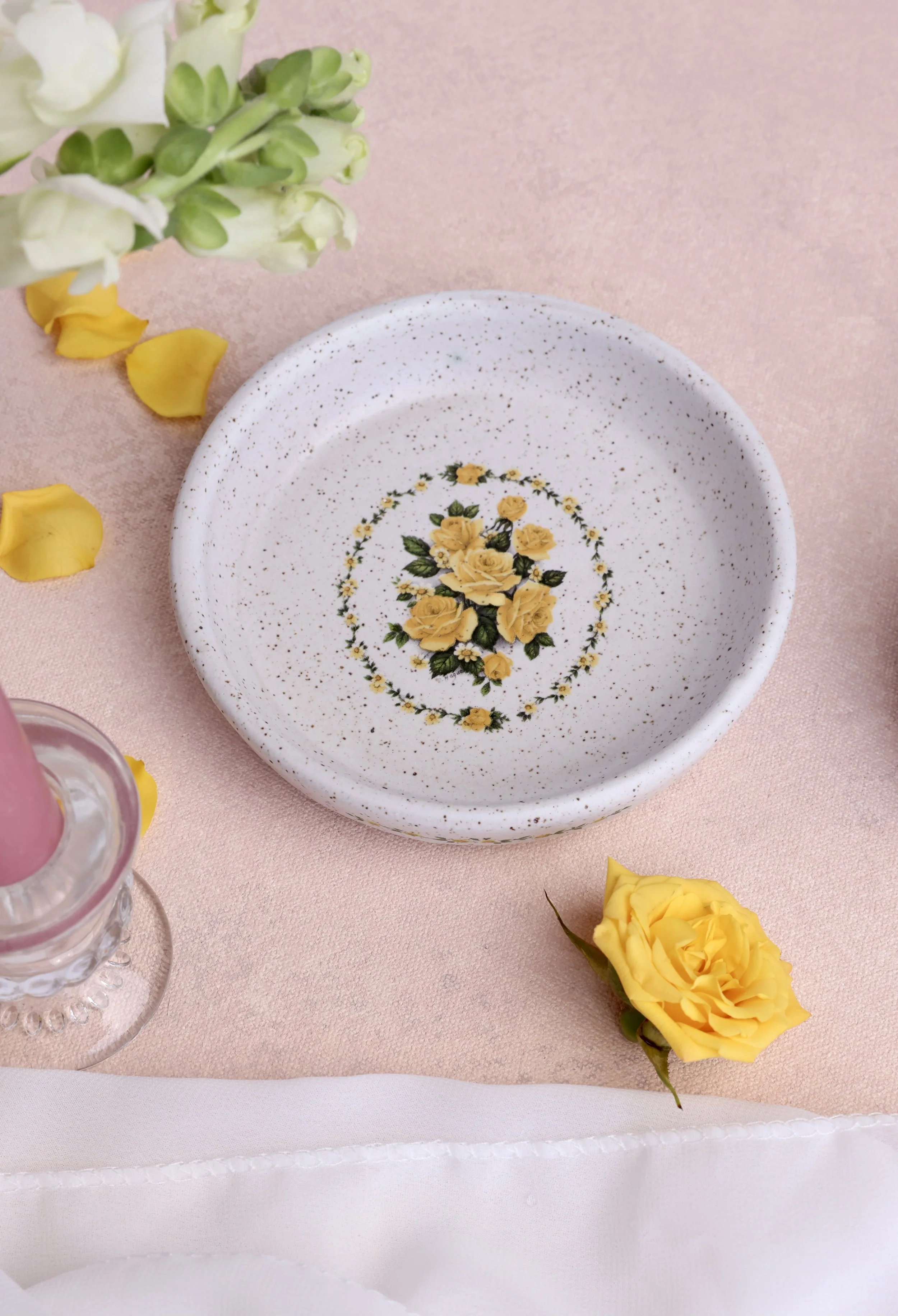 Yellow Rose Vintage Style Floral Butter Dish