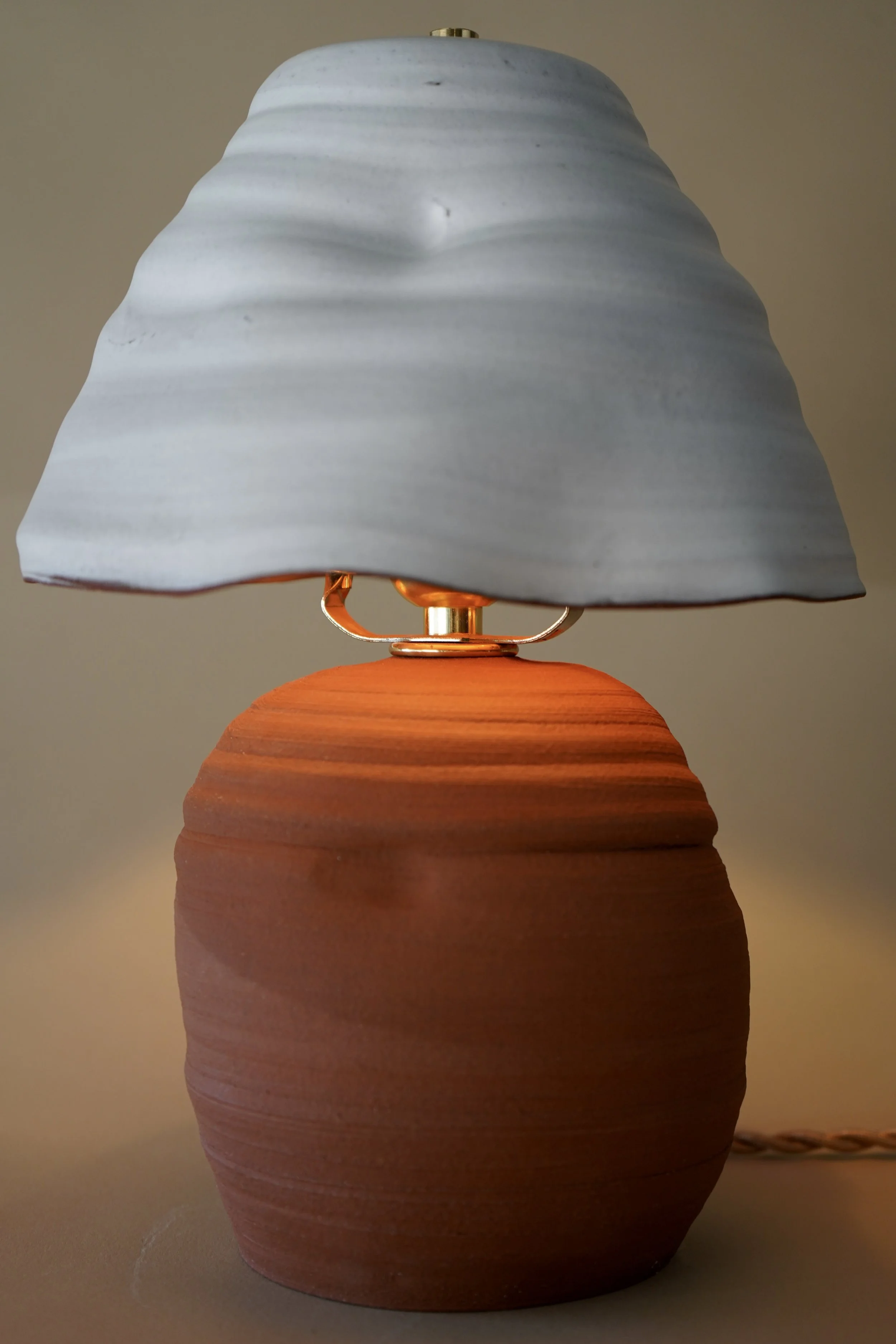 Handmade terracotta stoneware wabi-sabi touch lamp with white ceramic shade