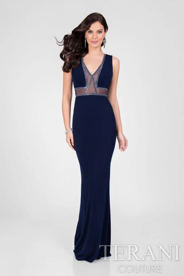 Cadet blue v-neck jersey column designer dress for prom. This red carpet ready gown from our prom collection features streamlined beaded trim outlines on the sheer insets with an open back. Comes in Navy All prom dresses can be purchased in store or over the phone only. Please call for sizes and holds (303) 443-3976. More prom dresses in store.