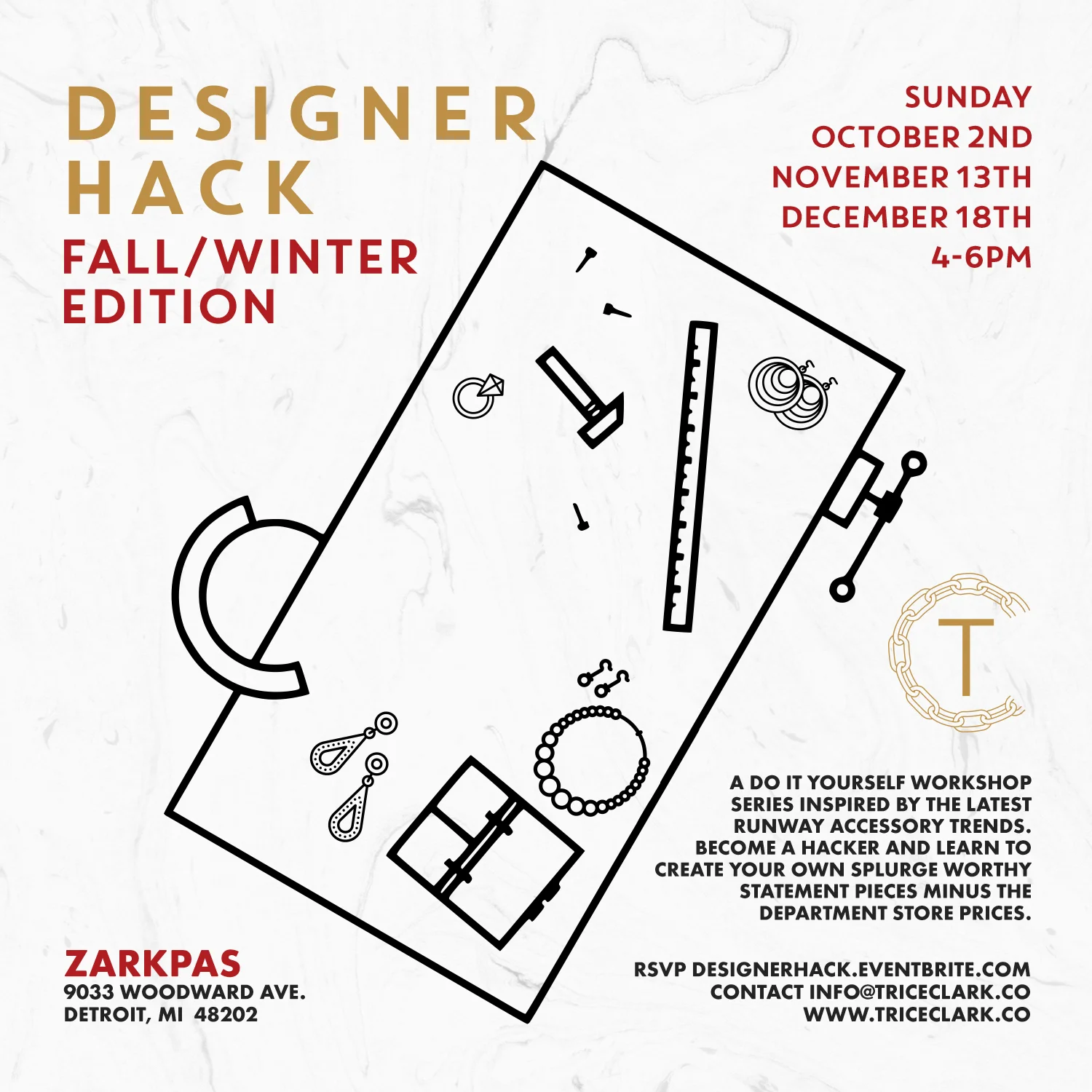 Be honest we all have been swooning over the latest collections showcased during New York Fashion Week. If you're a frugal fashionista like myself then you haven't exactly been knocking down the high end department stores door to buy a piece fresh off the runway. Join me at Zarkpas for the Designer Hack Fall/Winter series where we will create a do it yourself version of the latest season's accessory trends. We will make a statement necklace, earrings, and maybe even a hat. RSVP to become a Hacker www.designerhack.eventbrite.com