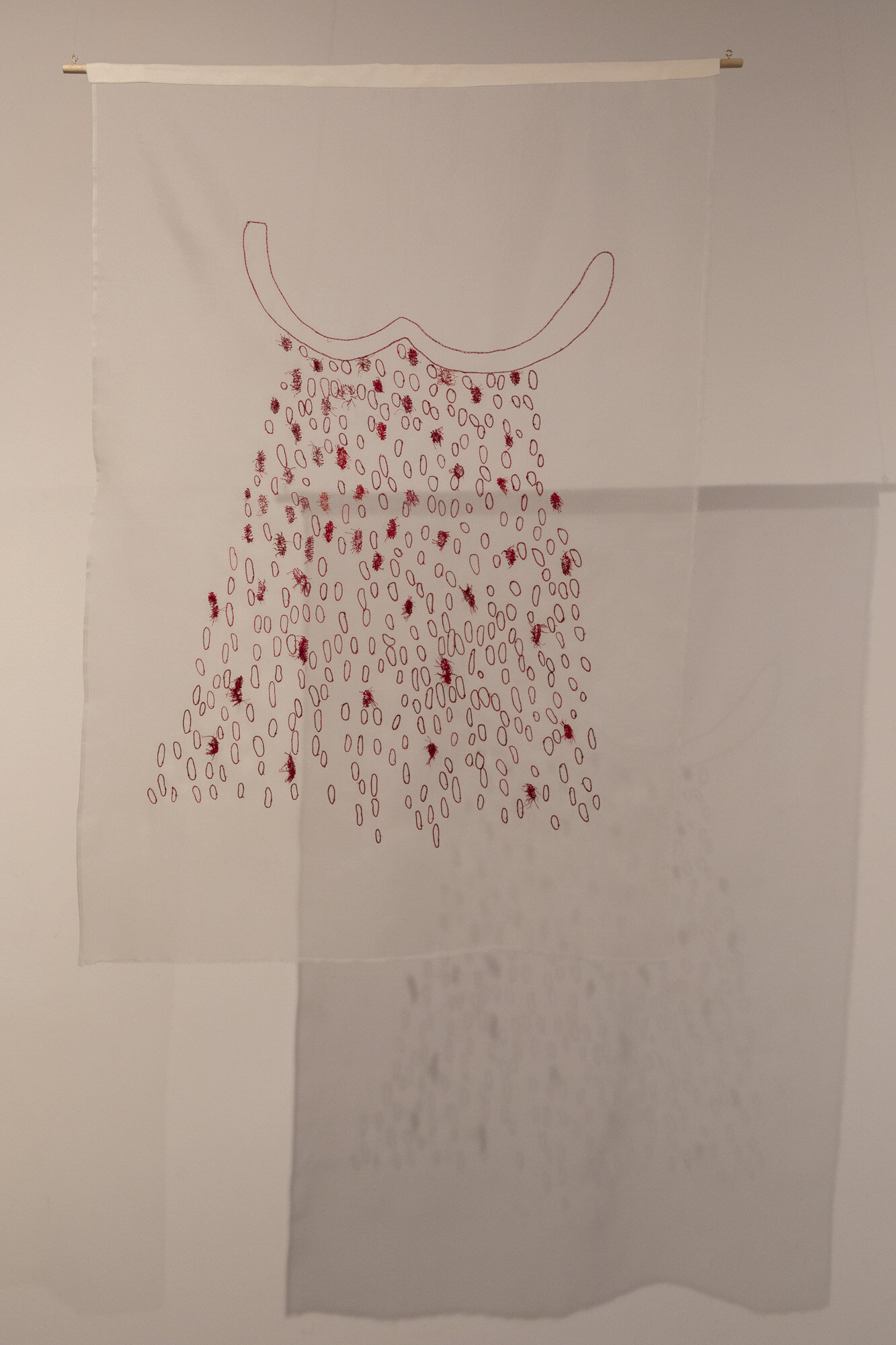   her heart   cotton hand embroidery on silk organza, 70cm x 100cm June 2021 AIRspace Projects  Image:  Joy M Lai   