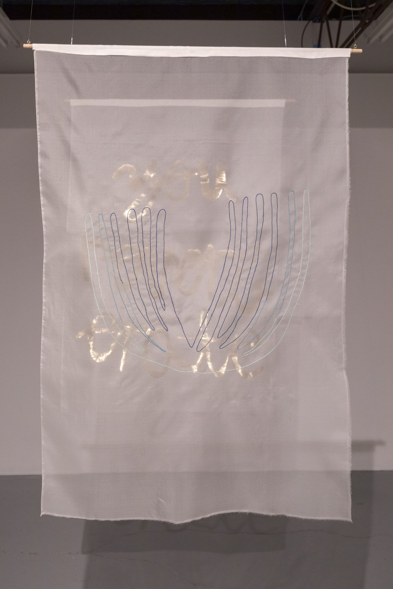   you reverberate   cotton hand embroidery on silk organza  (foreground) and appliqué gold lamé on silk organza (background) , 70cm x 100cm each June 2021 AIRspace Projects  Image:  Joy M Lai   