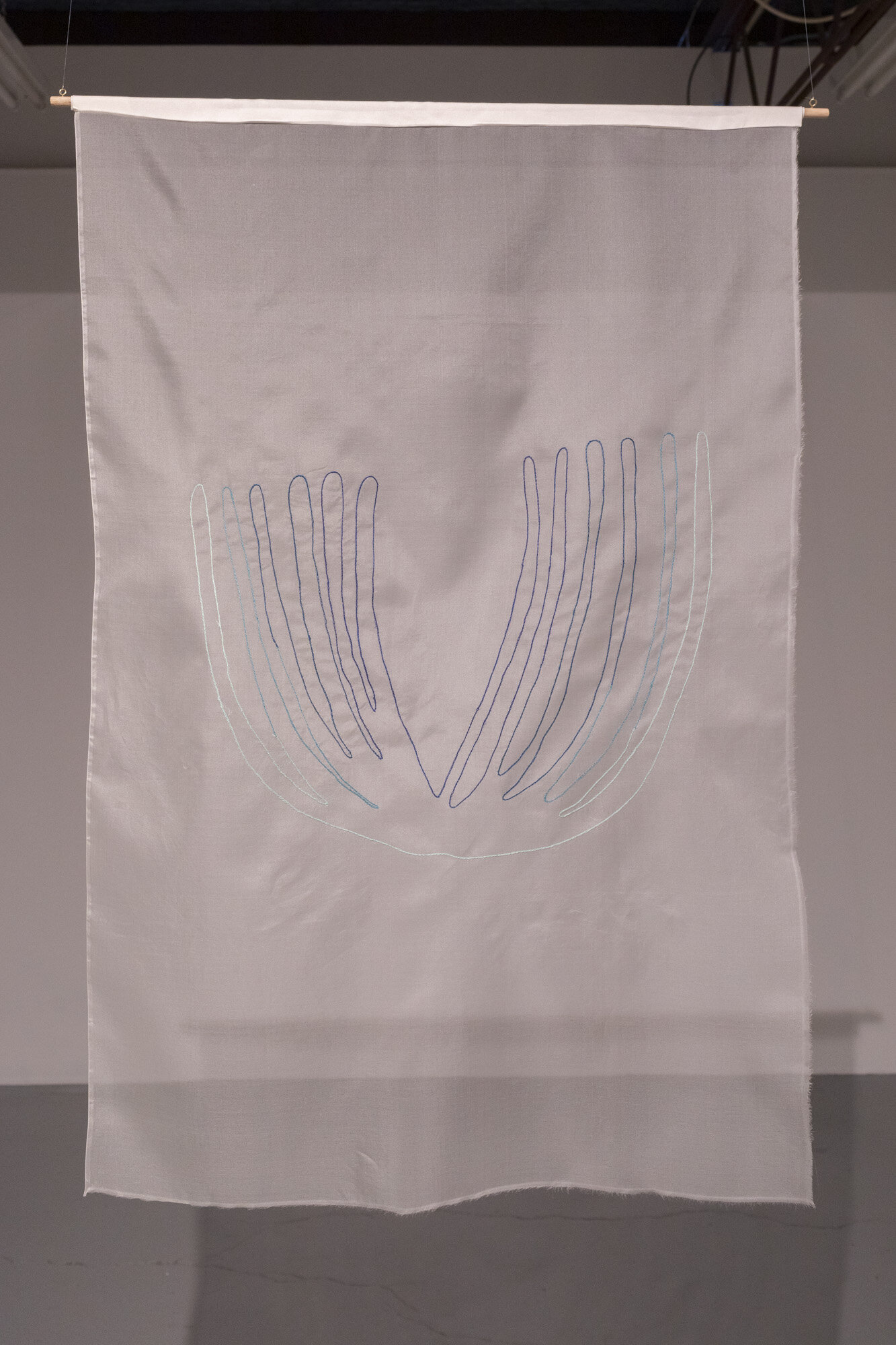   you reverberate  cotton hand embroidery on silk organza, 70cm x 100cm June 2021 AIRspace Projects  Image:  Joy M Lai   