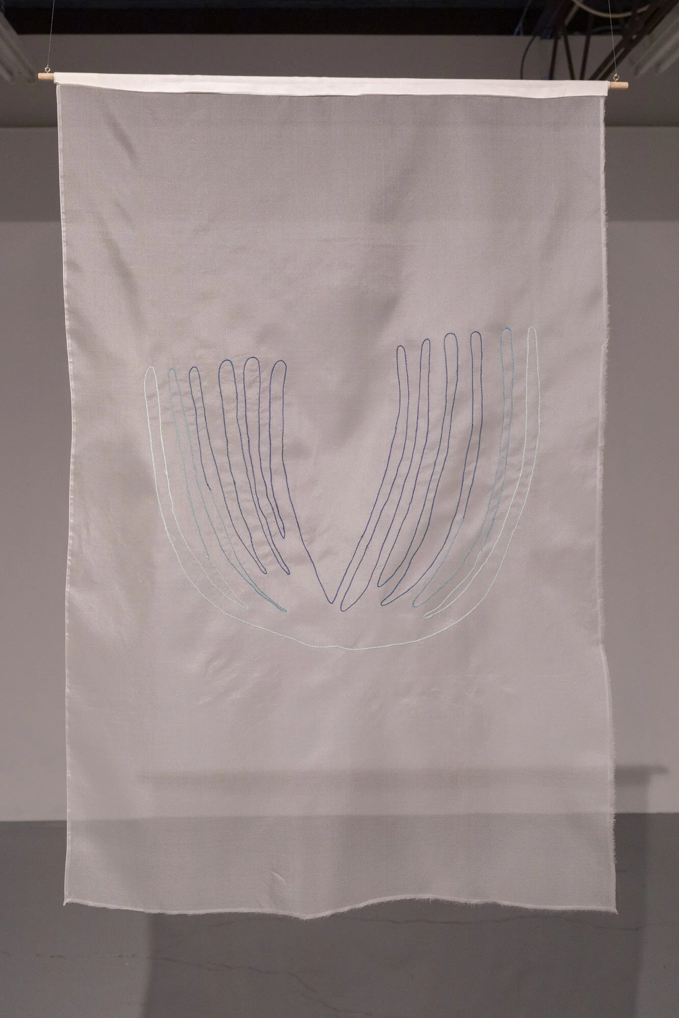 you reverberate cotton hand embroidery on silk organza, 70cm x 100cm June 2021 AIRspace Projects Image: Joy M Lai