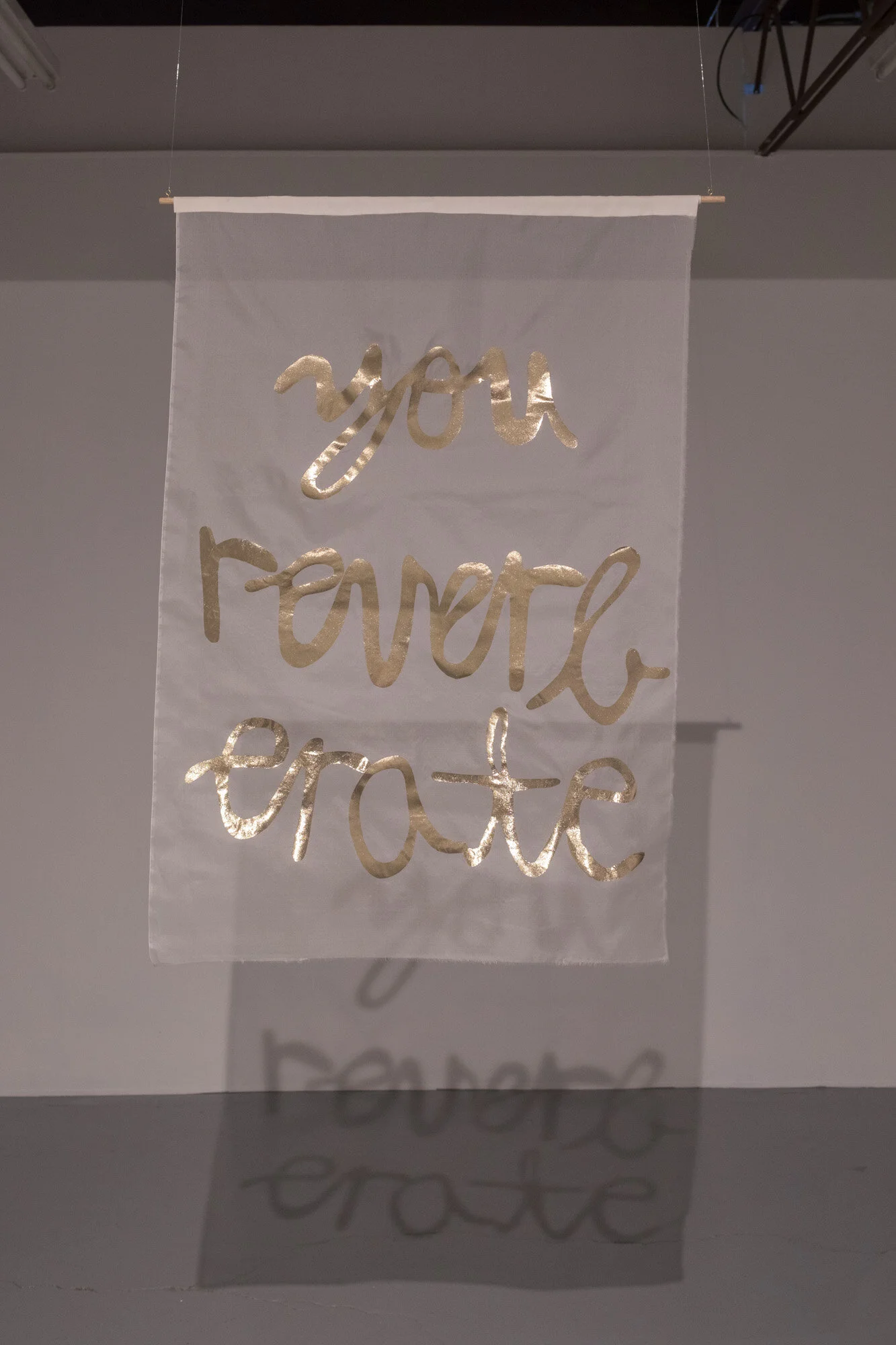 you reverberate free cut appliquรฉ lamรฉ on silk organza, 70cm x 100cm June 2021 AIRspace Projects Image: Joy M Lai