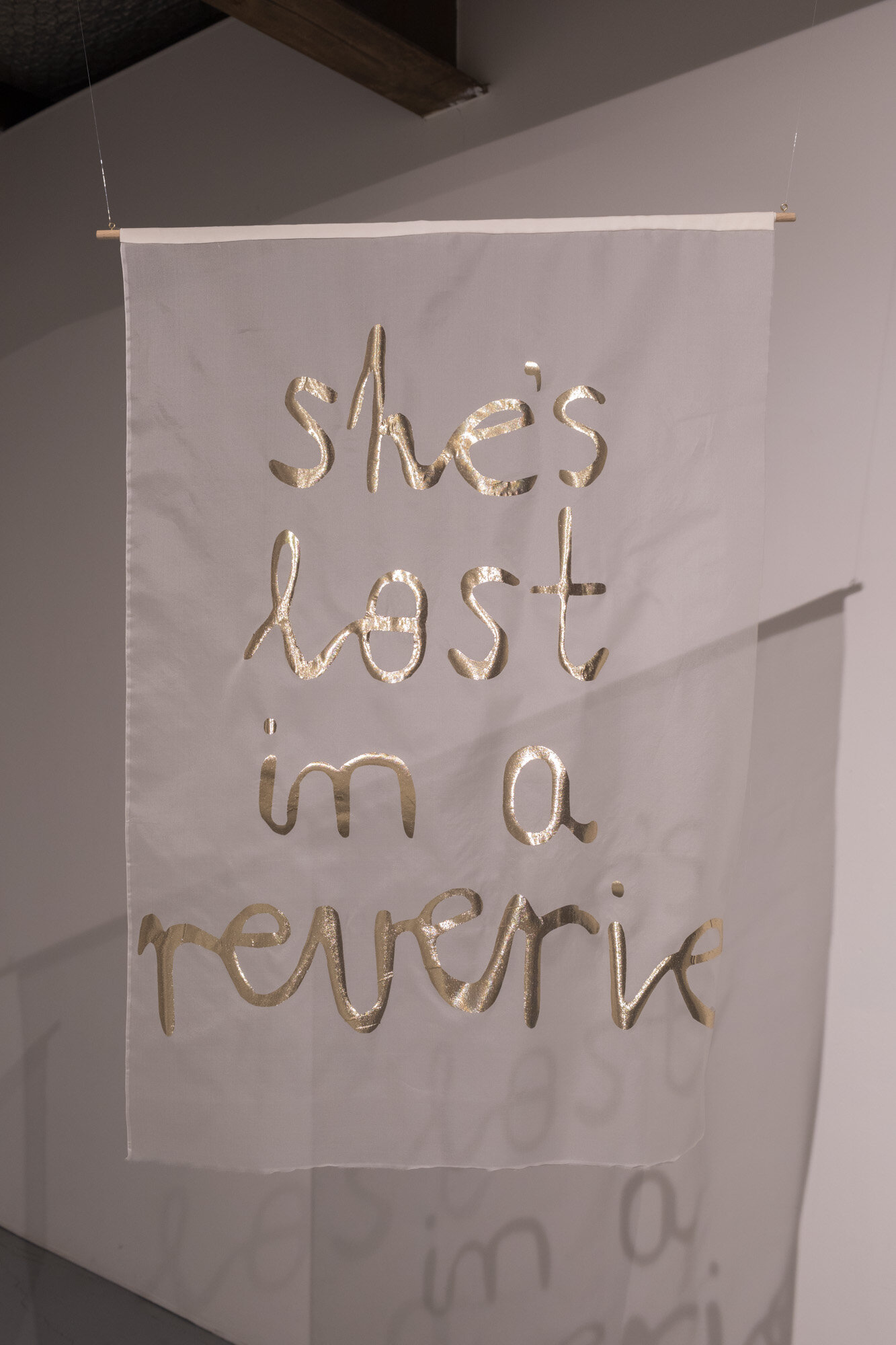  she’s lost in a reverie  free cut appliqué lamé on silk organza, 70cm x 100cm June 2021 AIRspace Projects  Image:  Joy M Lai   