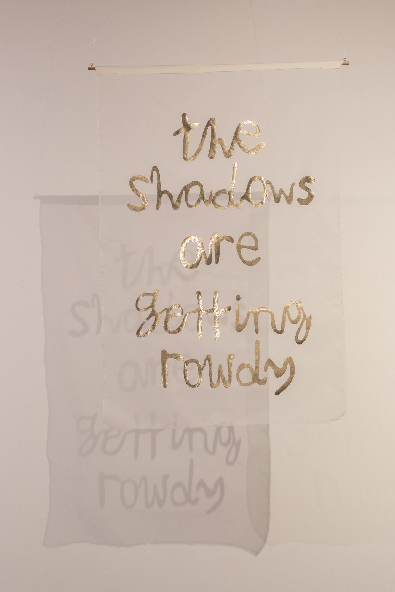   the shadows are getting rowdy  free cut appliqué lamé on silk organza, 70cm x 100cm June 2021 AIRspace Projects  Image:  Joy M Lai   