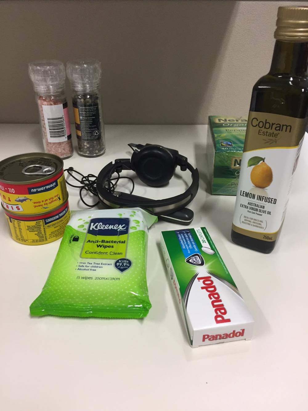 My hot tip is lemon infused olive oil for salads and just about any re-heats for lunch... oh and wipes for cleaning the desk. They always need a re-clean!
