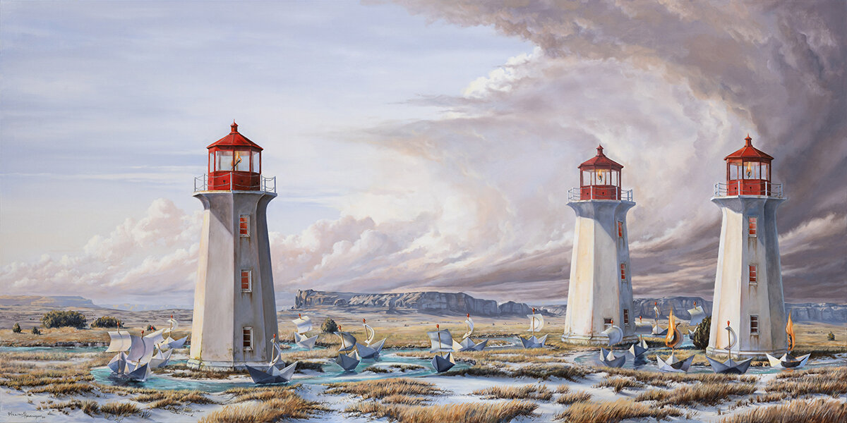william higginson the regatta surrealism landscape lighthouse oil painting.jpg