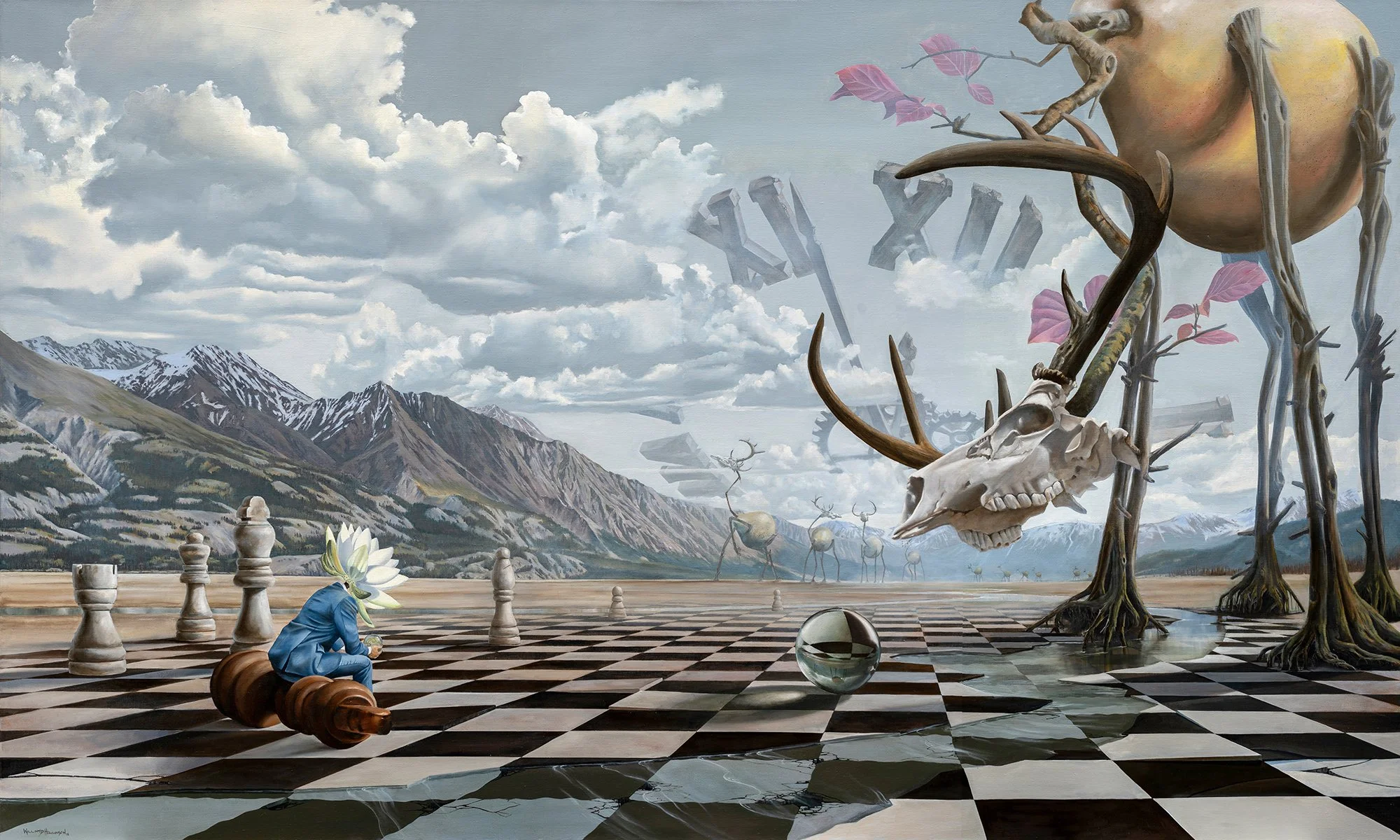  Check — surrealist oil painting on linen by William D. Higginson featuring a flower-headed figure in a blue suit seated on a fallen chess piece, surrounded by a chessboard landscape with mountain backdrop, floating roman numerals, moose skull, and d
