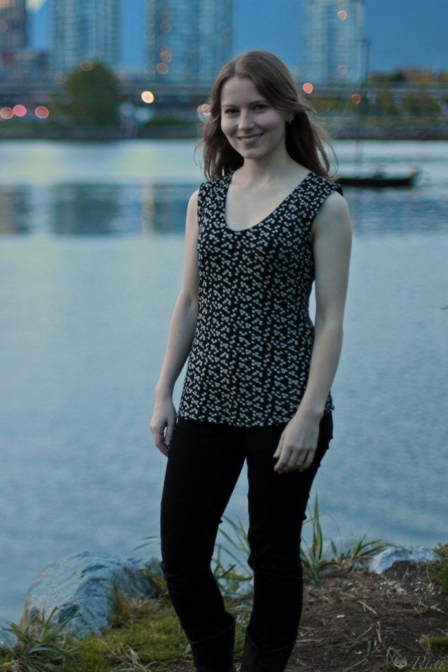 Halogen Sleeveless V-Neck Top in black and ivory squares, size XS petite ( here ) (with Paige Verdugo crop jeans)