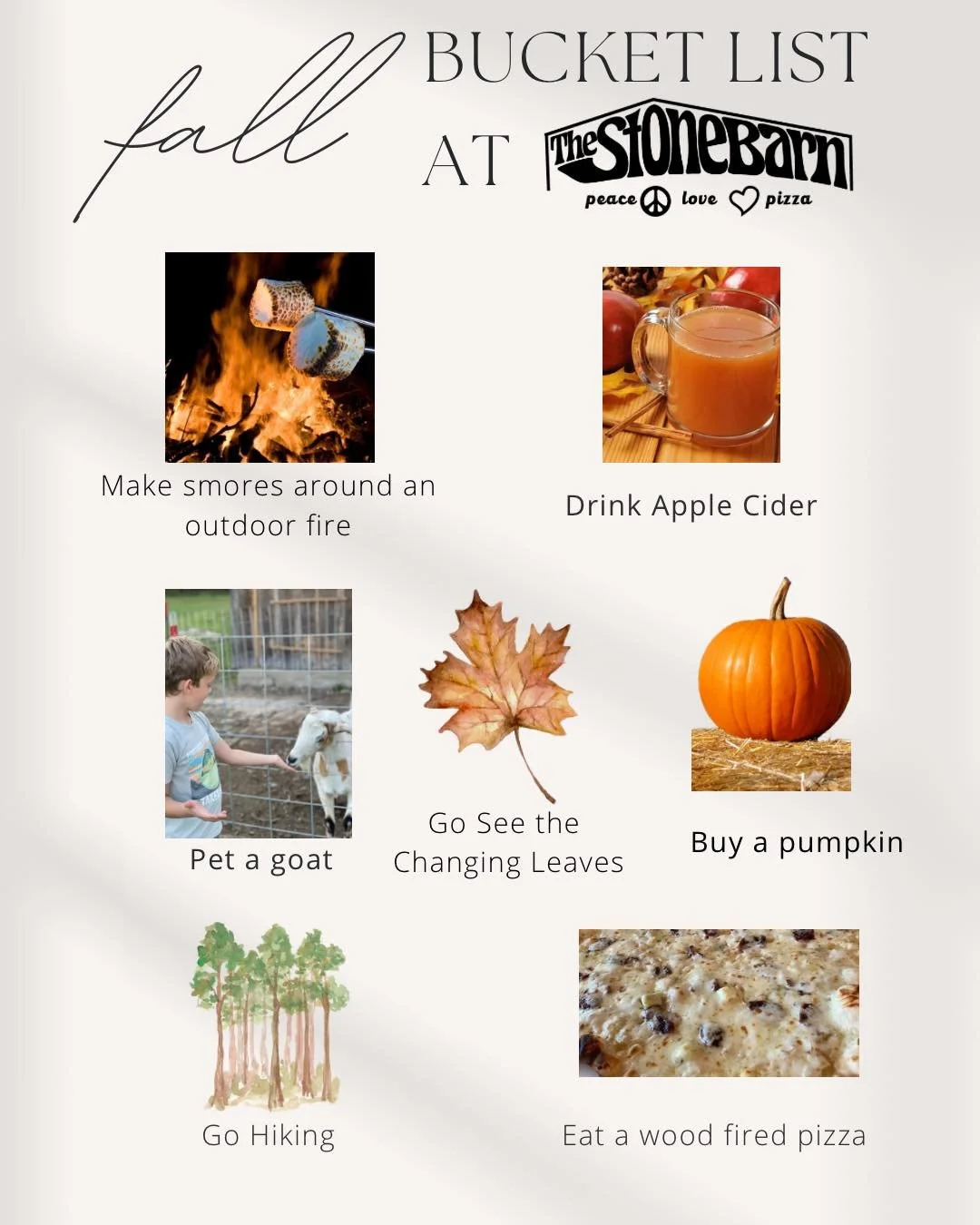 We have your fall bucket list items covered! 

Plus yoga on Saturday from 11-12!

https://stonebarnyoga.as.me

We will have the 🔥fire pit going and all the cozy fall vibes! 

You can even grab a Stone Barn sweatshirt at 10% off!