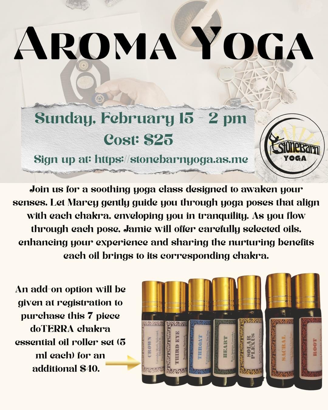 Just a reminder that our special Aroma Yoga event
is coming up this Sunday, February 15 at 2 PM. Please register below if you plan to attend. You can sign up here ⬇️

https://stonebarnyoga.as.me

I&rsquo;m seriously so excited about this event!! Blen