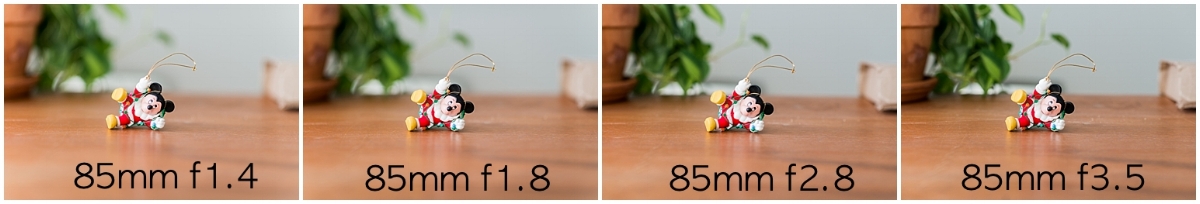 For the set of pictures above, the subject (Mickey) never moved, the focal length(85mm) never changed, and the distance between the camera and the subject never changed. The only thing that changed throughout this set of photos was the f stop, aka aperture. 