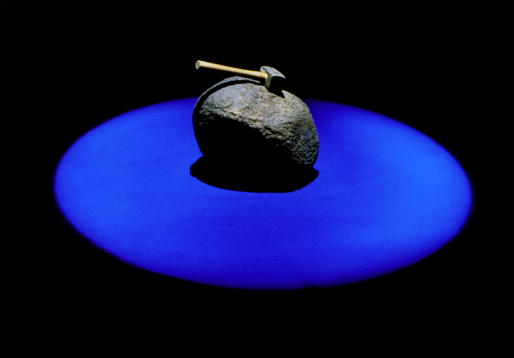   Hammer on Rock #1,  1982 Hammer, lead, paper, acrylic, pigment, light and sound, sound loop: running water and Japanese gong 40 x 150cm, room 260 x 400 x 400cm Coventry Gallery, Sydney 