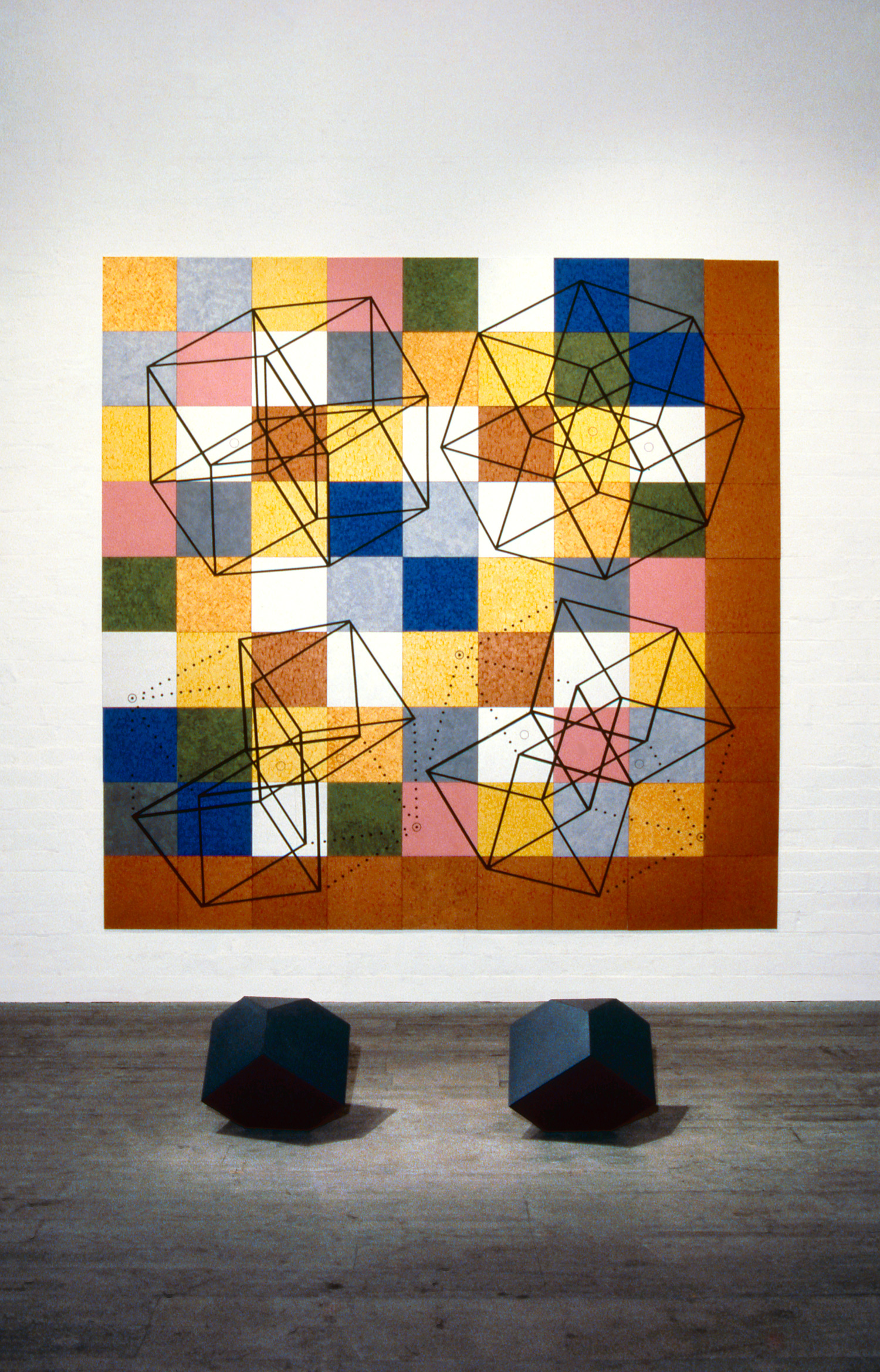   Re-Vision (Melancolia),  1987 Wall: Acrylic, mica and tape on 81 canvas boards, 274 x 274cm Floor: Wood, sand and formica, 48 x 48 x 48cm each &nbsp; 