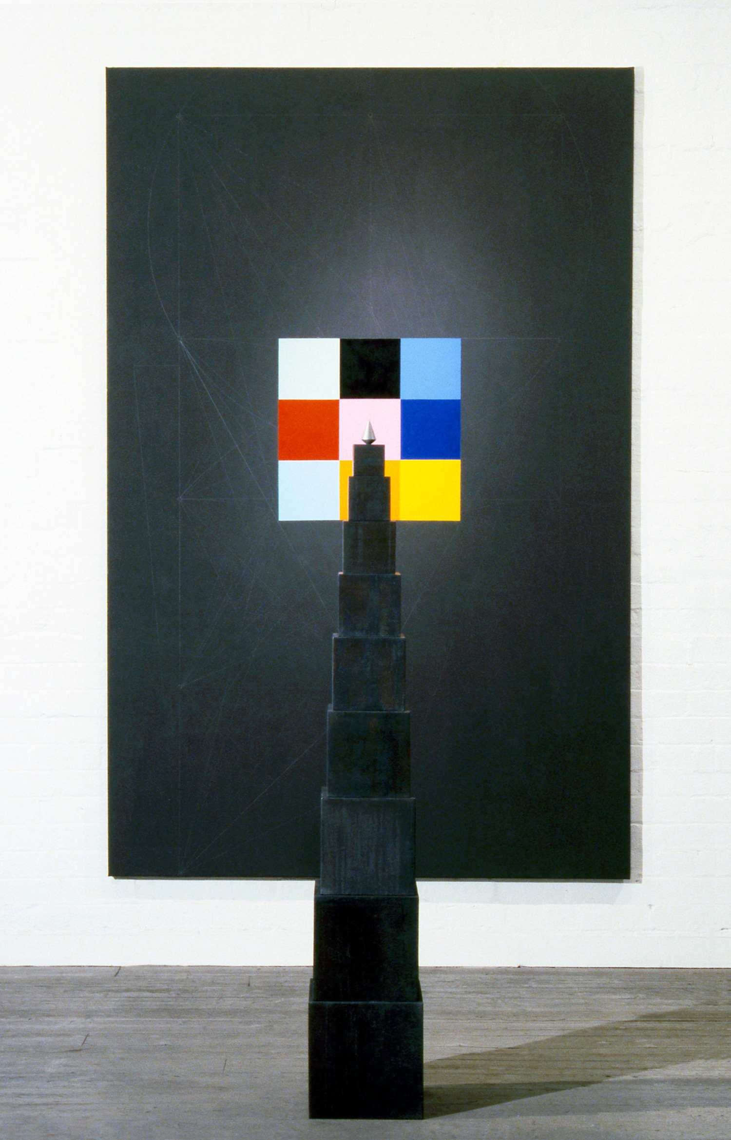   Because of this   (for Piotre Olszanski),  1987 Oil, graphite and acrylic on canvas, 259 x 168cm Floor: Wood, lead and chrome plated cast iron, 172 x 28 x 28cm 