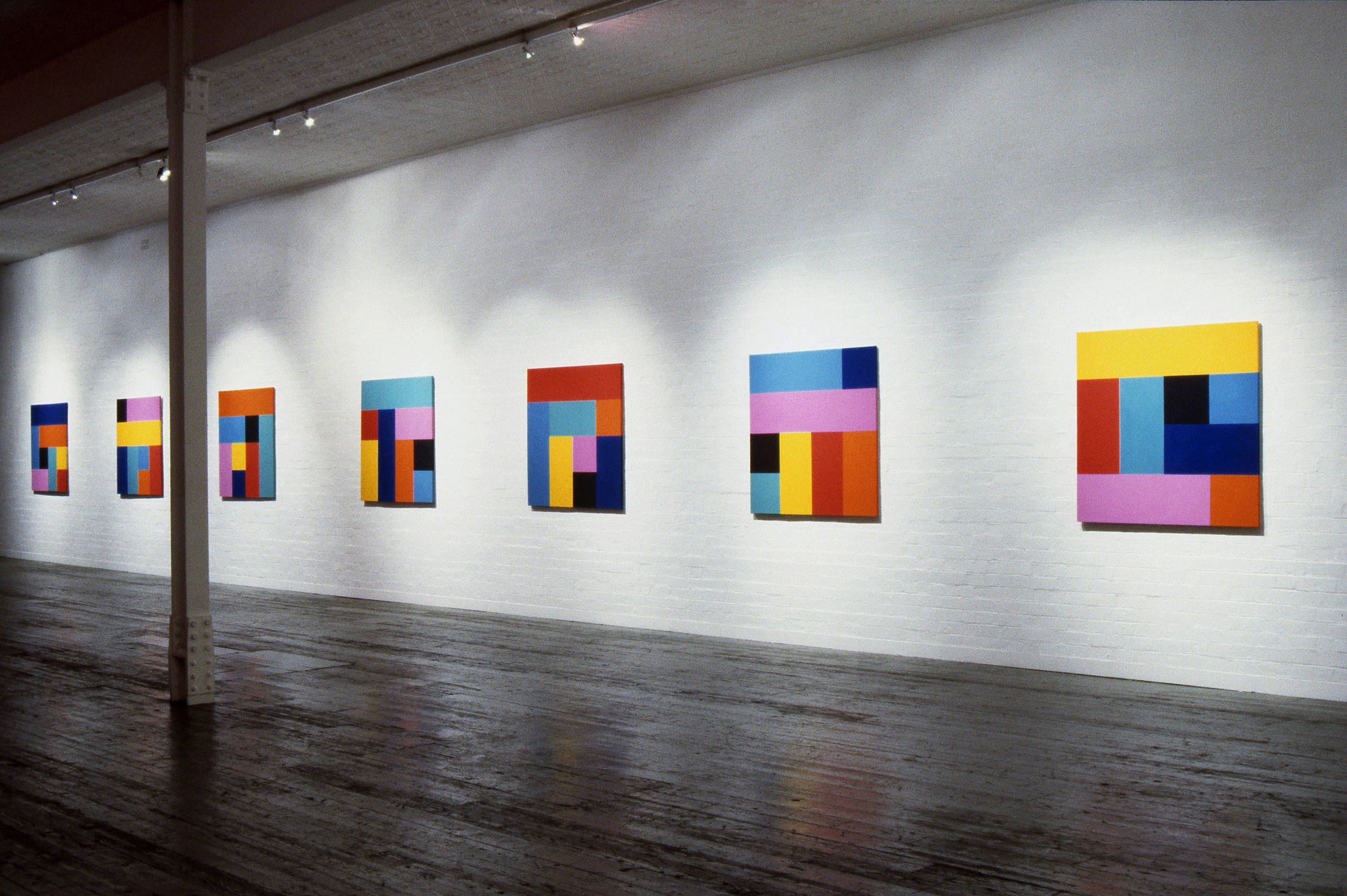  Sunrise, 1993 Installation View,  Origami  series, Synthetic polymer paint on canvas, 122 x 122cm each, City Gallery, Melbourne 