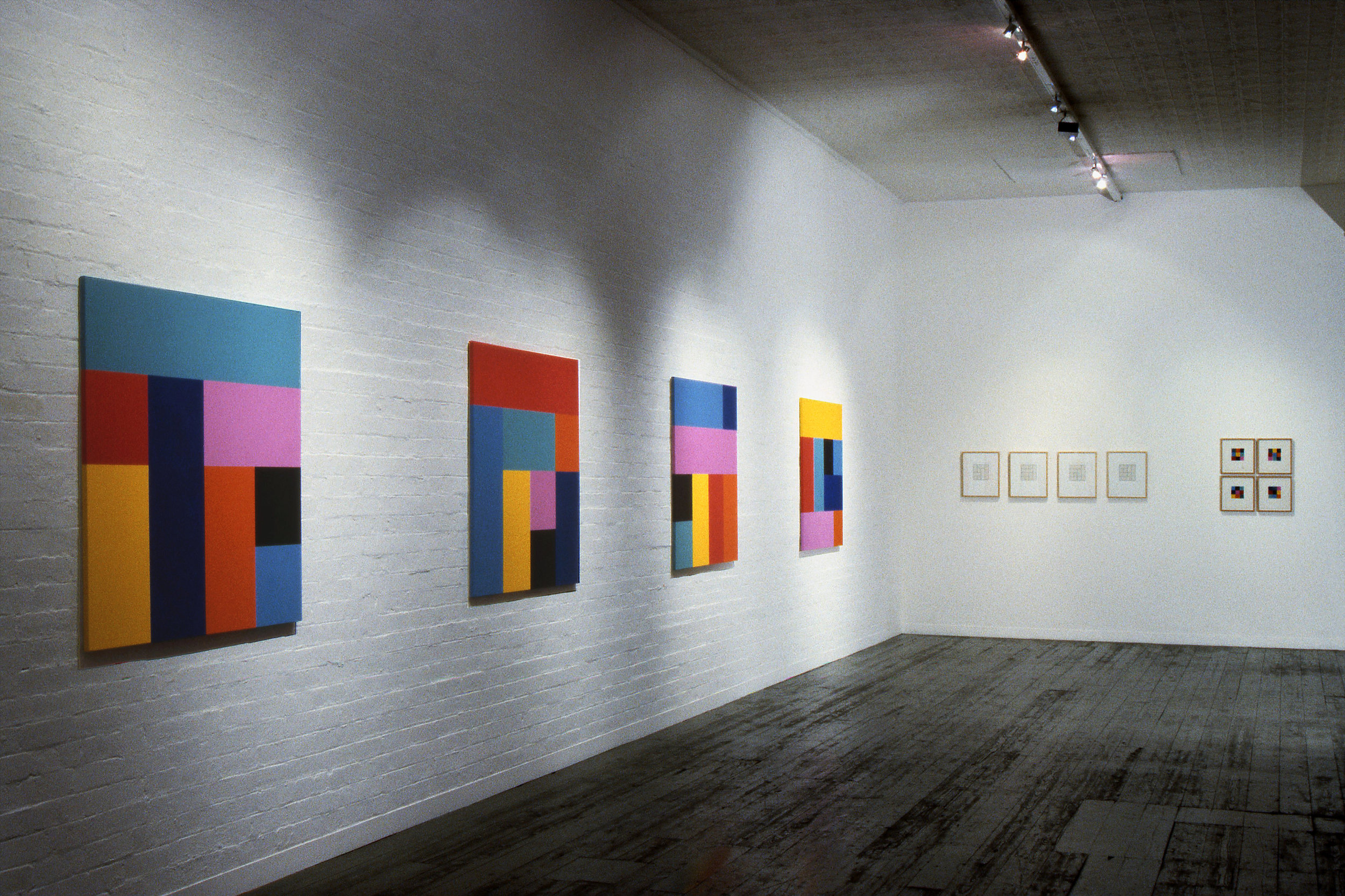  Sunrise, 1993, Installation View,  Origami  series, Synthetic polymer paint on canvas, 122 x 122cm each, City Gallery, Melbourne.&nbsp; 