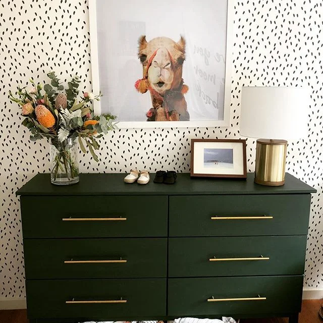 When a designer has a granddaughter she stages the nursery obsessively #ikeahack #greenisforgirls #blackandwhitewalls #camelsarecute