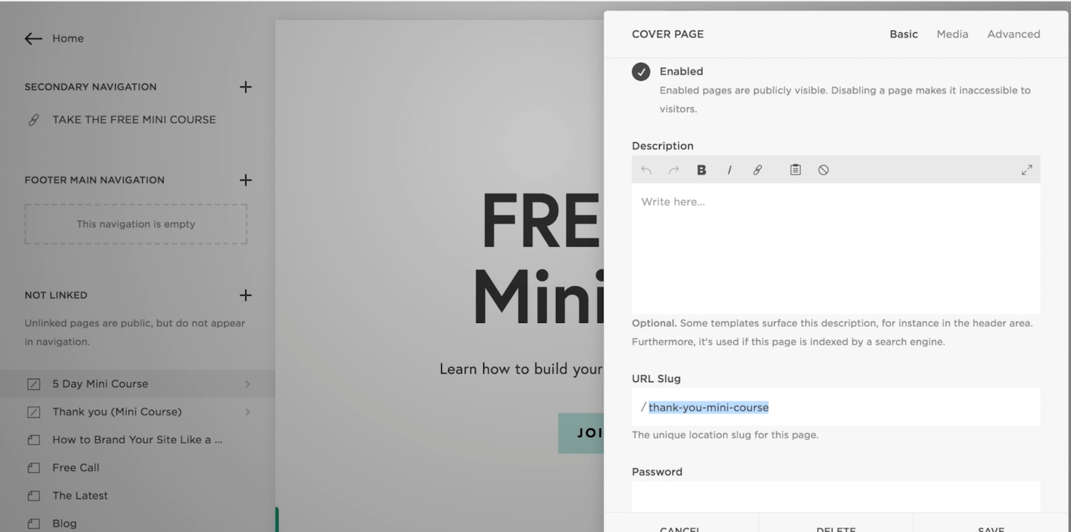 Link to a thank you page in Squarespace