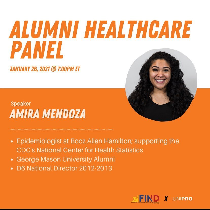 Our first speaker for our Alumni Healthcare Panel is Amira Mendoza! She is an Associate/Epidemiologist at Booz Allen Hamilton. She&rsquo;s been with the company for almost 5 years and supports the CDC's National Center for Health Statistics where she