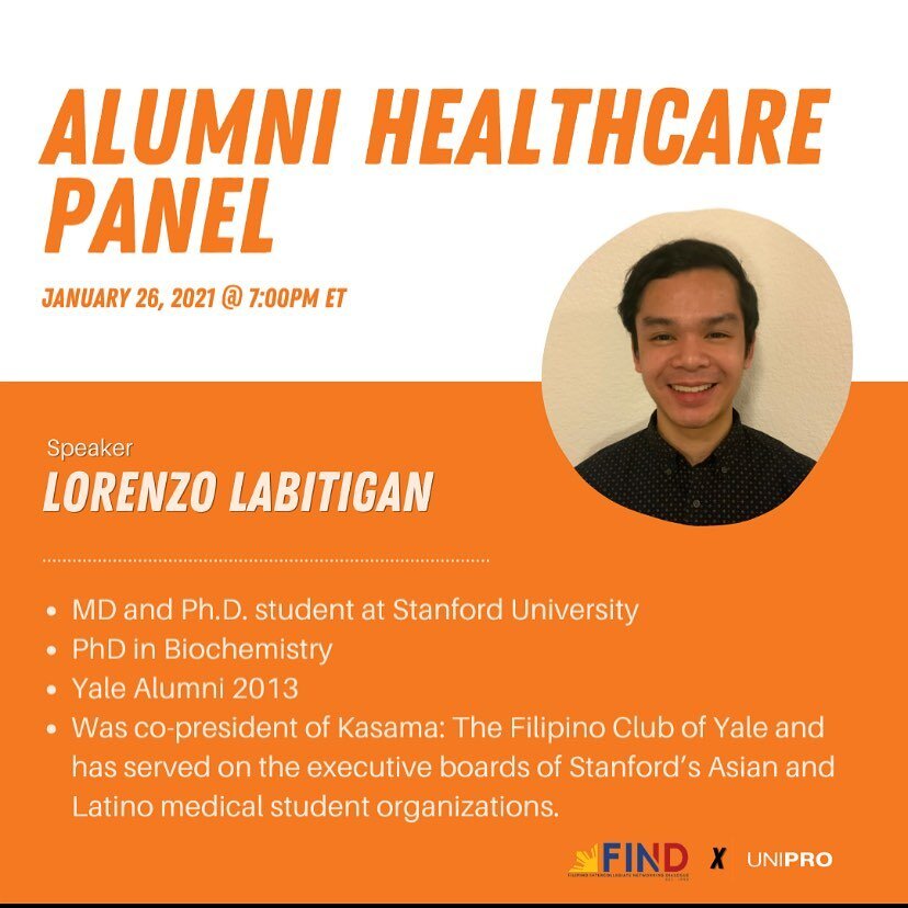 Our next panelist is Lorenzo Labitigan!  Ramon Lorenzo D. Labitigan is an MD/PhD student at Stanford University. For his PhD in biochemistry, Lorenzo researches the molecular mechanisms underlying how human immune cells function and fight disease. He