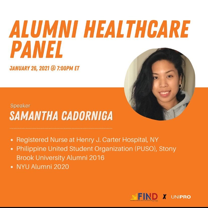 The third alumni we have speaking is Samantha Cadorniga! Sam is a Registered Nurse that was born and raised in Brooklyn, NY. She is currently working in post-acute care at Henry J. Carter Hospital (NYC Health + Hospitals) in Harlem. In January 2020, 