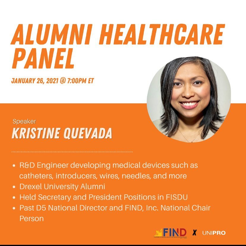 Next up is Kristine Quevada! She studied biomedical engineering at Drexel University, Philadelphia, PA (D5!). She held secretary and president positions in FISDU (Drexel Fiipino Org) and was also a National Director and Chair while involved in FIND. 
