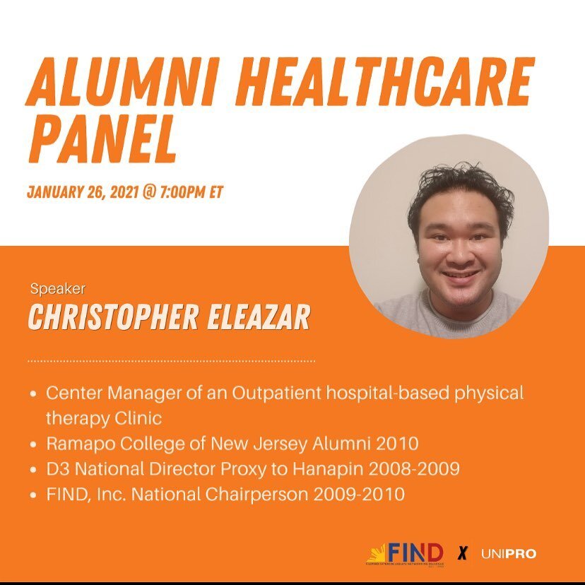 Our final panelist is Christopher Eleazar! He received his baccalaureate of science in biology from Ramapo College of New Jersey in 2010, and a doctorate of physical therapy from the former University of Medicine and Dentistry of New Jersey in 2012. 