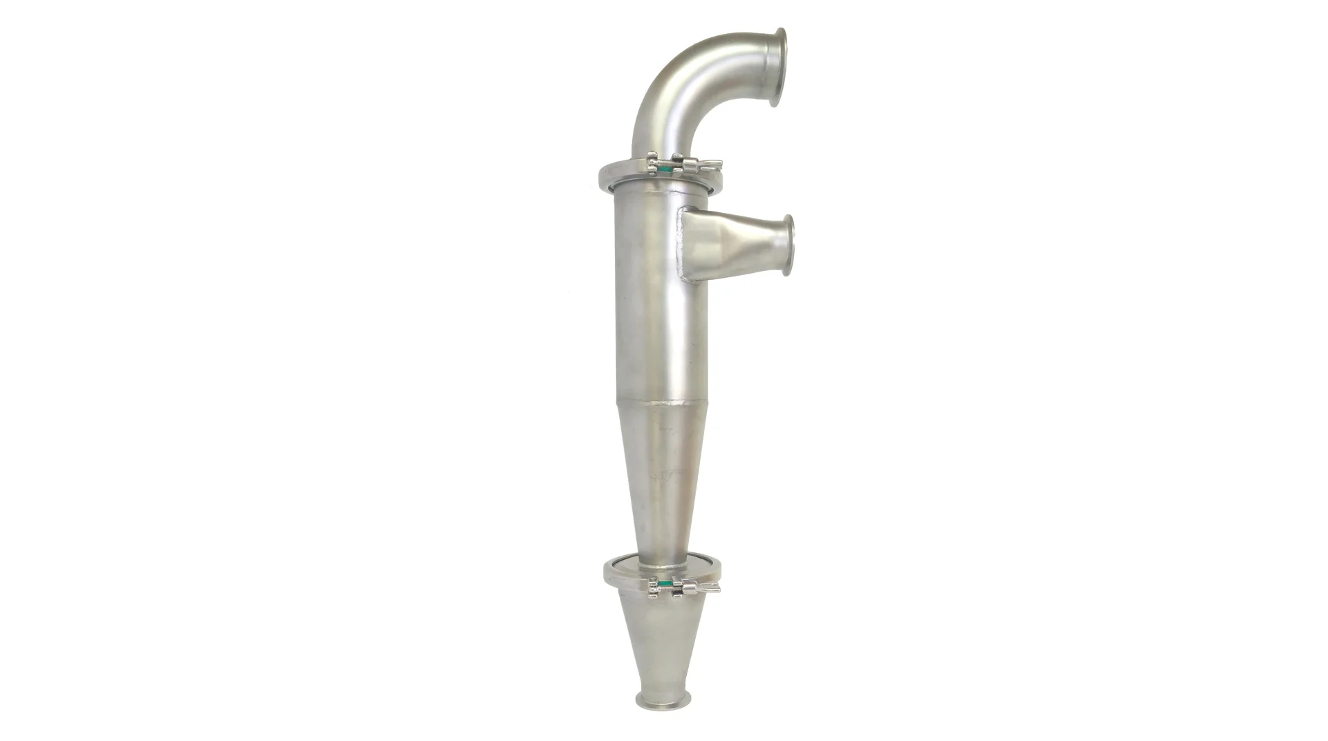 The ALP ATCS001016 Cyclone is specifically designed for the particle separation in biomass and pharmaceutical processes such as compression and encapsulation, typically capturing between 90 – 99.9% of waste powder. Where required, the cyclone can incorporate a manifold for connection to ancillary equipment such as tablet de-dusters or capsule polishers. It cyclone is proven to be equally effective in numerous other applications including sachet filling, spray drying, inhalation and any other process where excess dust is extracted. The captured waste material can be used for batch loss reconciliation, or even reintroduced to the process. The cyclone connects to the process machinery via flexible hose or stainless steel pipework (multiple lines can be accommodated using a manifold). Inside the cyclone, vortex separation causes the solid particles to hit the outside wall of the cyclone and fall to the catch at the base of the cyclone. This allows ‘clean’ air to pass downstream (to the dust extraction source) and prevents a build-up of material in the filters, which can be time consuming and expensive to replace. For additional security, a filter can be integrated after the cyclone and before the vacuum source. The cyclone can be retrofitted to your existing dust extraction line, or can be supplied with a side channel blower to provide a dedicated vacuum source.The cyclone features a crevice-free, stainless steel construction, enabling the unit to be mounted inside the process room. The cyclone is assembled using Tri-Clamps for fast and easy dismantling for cleaning and has no moving parts – therefore generating no mechanical noise. TECHNICAL SPECIFICATIONS: AIRFLOW RANGE: m3/hr: 22 - 150 CYCLONE BODY DIAMETER: mm: 101.6 in: 4" T/C INLET / OUTLET PIPE DIAMETER: mm: 50.8 in: 2" T/C PRODUCT DISCHARGE DIAMETER: mm: 63.5 in: 2.5 T/C APPROXIMATE WEIGHT kg: 5 lbs: 11 TYPICAL PRESSURE DROP: mbar: <25 ATERIALS: 316L Stainless Steel •••••••••• Available for Purchase here: http://www.ebay.co.uk/itm/Cyclone-Separator-Stainless-Steel-90-99-Efficiency-High-Temp-250-C-Tolerance-/201794178308? http://www.ebay.com/itm/201825598444?ssPageName=STRK:MESELX:IT&_trksid=p3984.m1555.l2649 •••••••••• Alp Technologies Youtube Channels: https://www.youtube.com/channel/UCVC7q5GGTLpXmk03SNLu9wQ https://www.youtube.com/watch?v=ZGsqE7aN69c •••••••••• Alp Technologies Vimeo: https://vimeo.com/user52091092 https://vimeo.com/207644023 https://vimeo.com/170451471 •••••••••• Our Partners: http://micronhygienics.my-free.website/ http://micronhygienics.my-free.website/cyclone-particle-separator ••••••••••