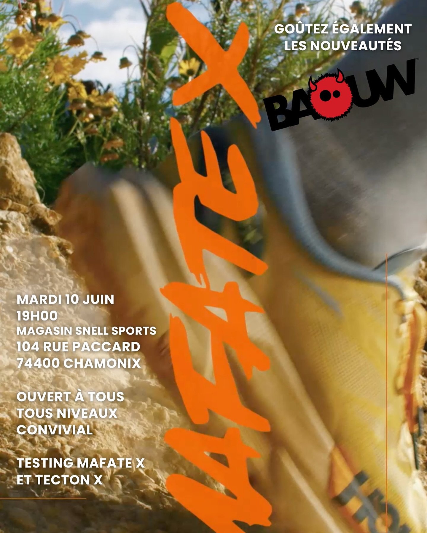 On se retrouve le mardi 10 juin &agrave; 19h pour le testing @hoka Mafate X et Tecton X 🚀 nous aurons aussi la chance de go&ucirc;ter les nouveaut&eacute;s @baouw.organic.nutrition 🍫 
Testing ouvert &agrave; tous, convivial, sortie d&rsquo;environ 