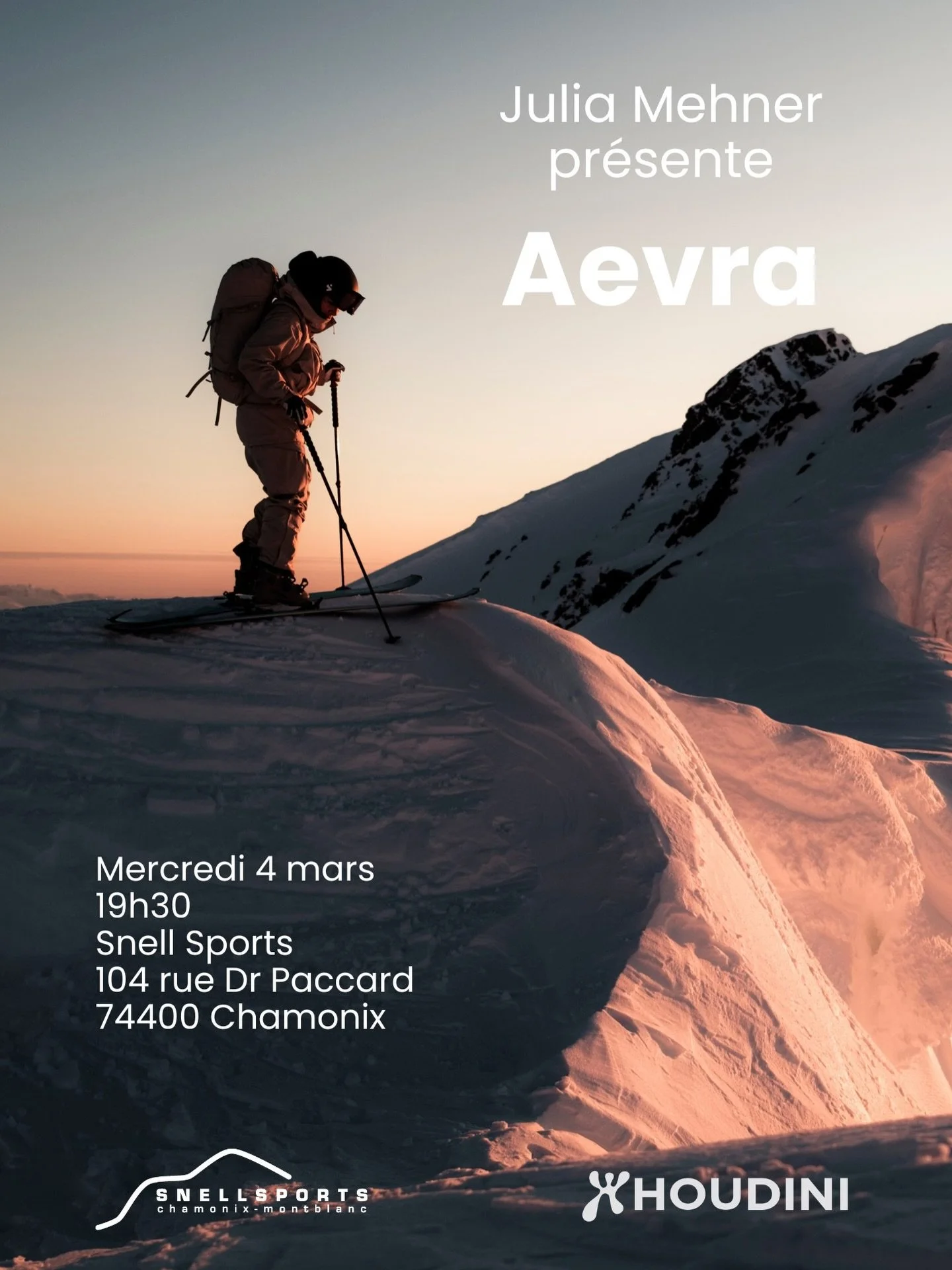 Rendez-vous le 4 mars &agrave; 19:30 chez Snell Sports pour la diffusion du film Aerva de @juliamehner avec @houdinisportswear ❄️ 
Lien d&rsquo;inscription en bio ⬆️