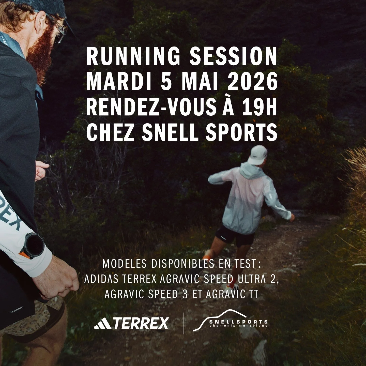 Rendez-vous le 5 mai pour le testing @adidasterrex &agrave; 19:00 chez Snell Sports 🔶 
Au programme :
Test des Agravic Speed Ultra 2
Test des Agravic Speed 3
Test des Agravic TT
Retour pour un ap&eacute;ritif convivial tous ensemble 
Sortie accessib