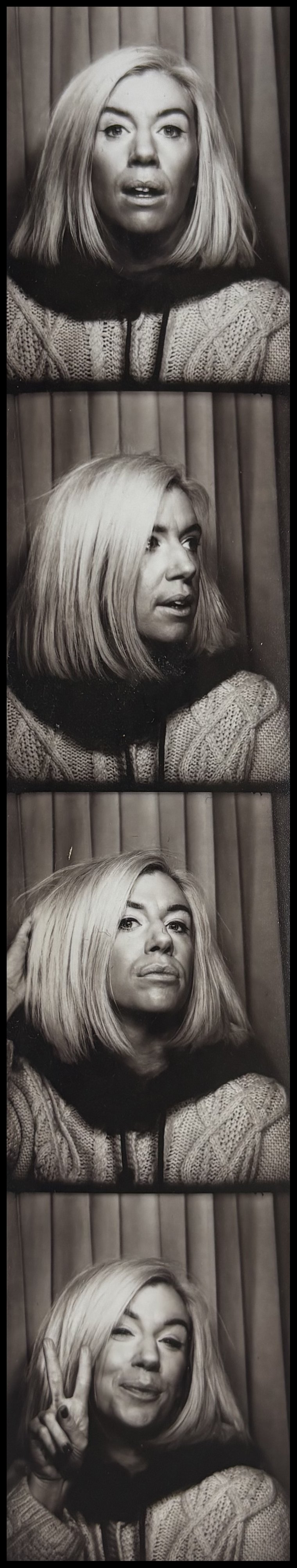 A four-panel photo strip of a woman with shoulder-length blonde hair in front of a curtain, showing different facial expressions and gestures.