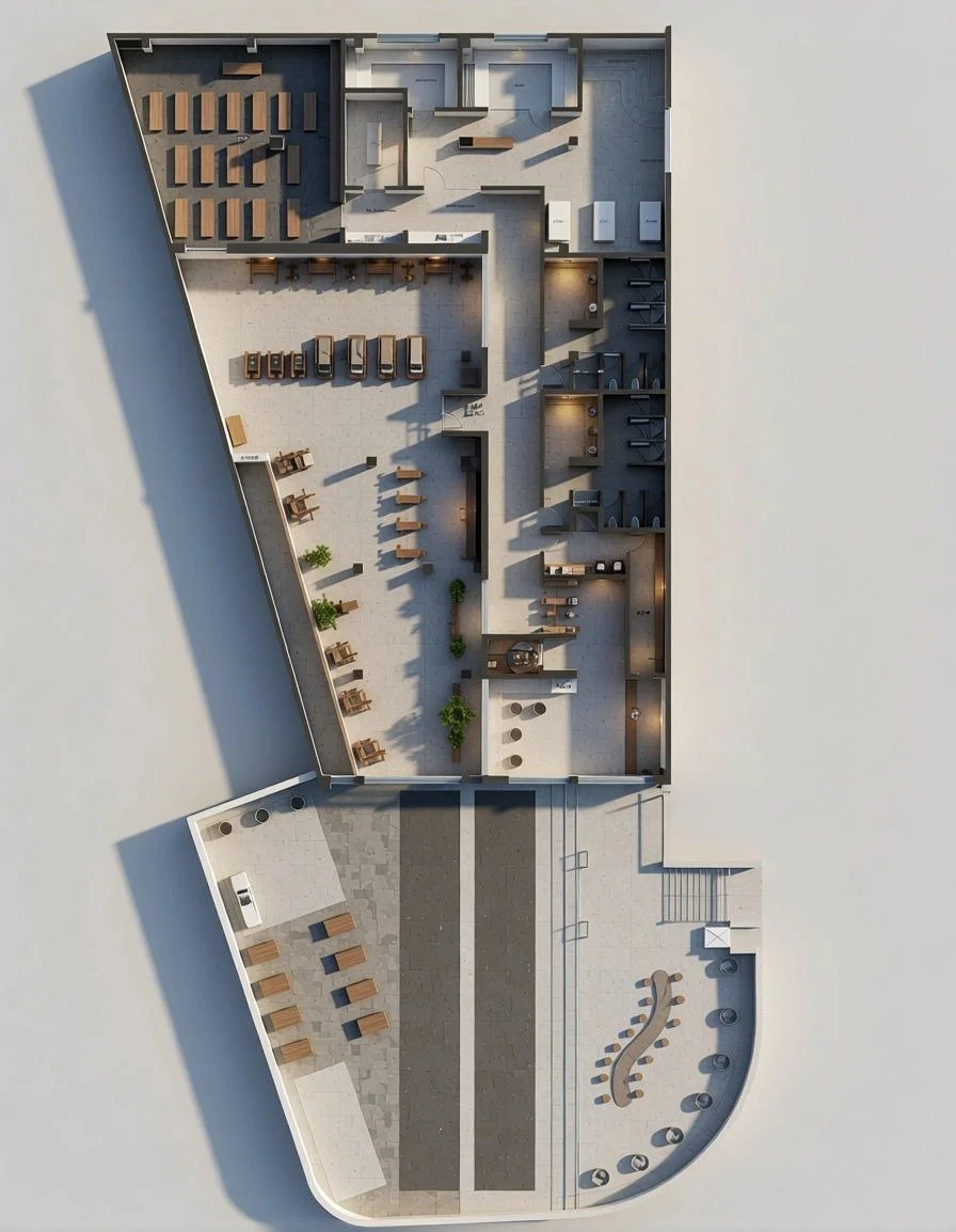 3D axonometric overview illustrating the relationship between indoor gym floor, reception/health bar, social zones, spa/recovery and changing areas.