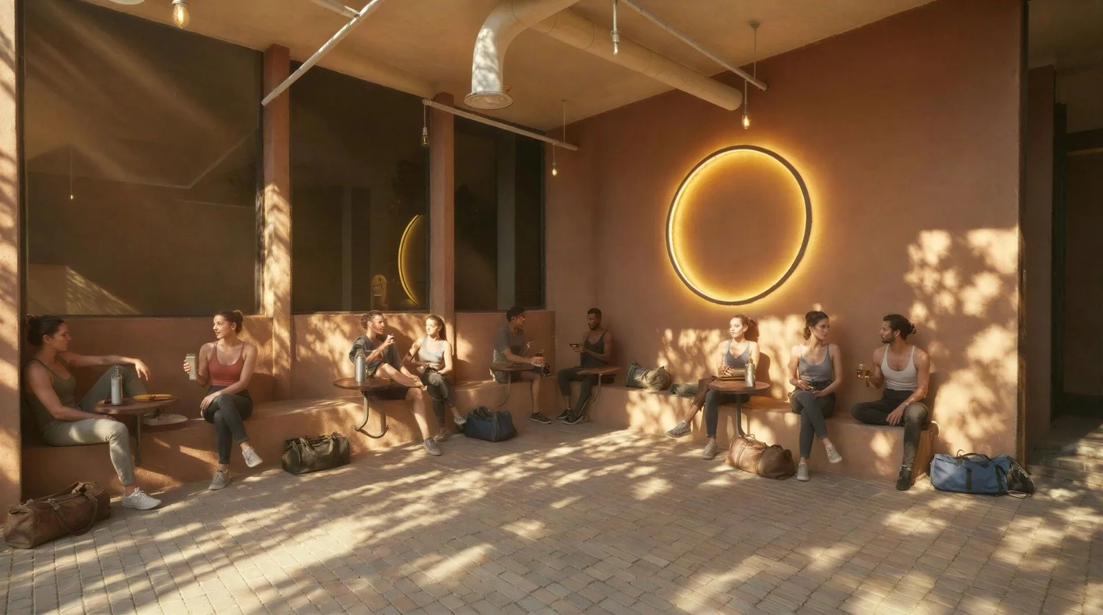 Indoor social lounge with built-in seating, small tables, warm ambient lighting and relaxed club atmosphere.