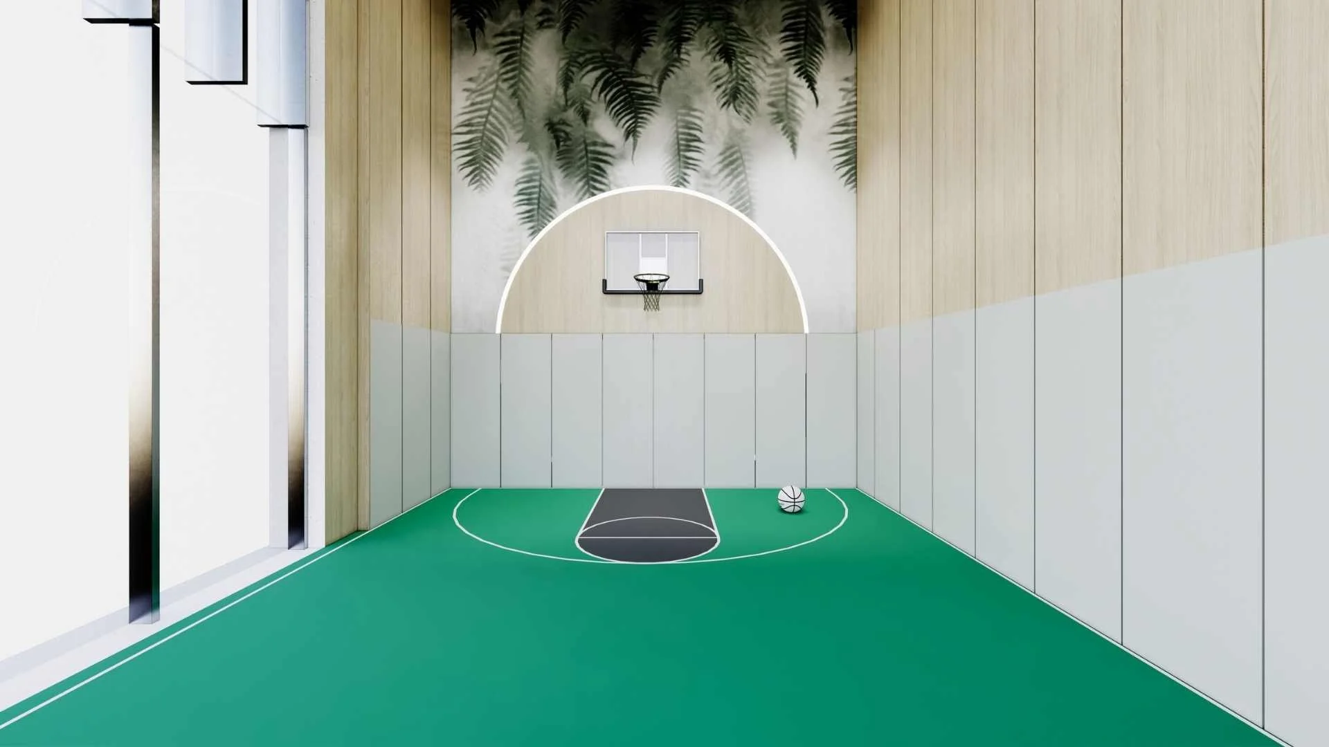 3D render by Biofit of indoor basketball court design for Fusion Students Birmingham UK with biophilic design features